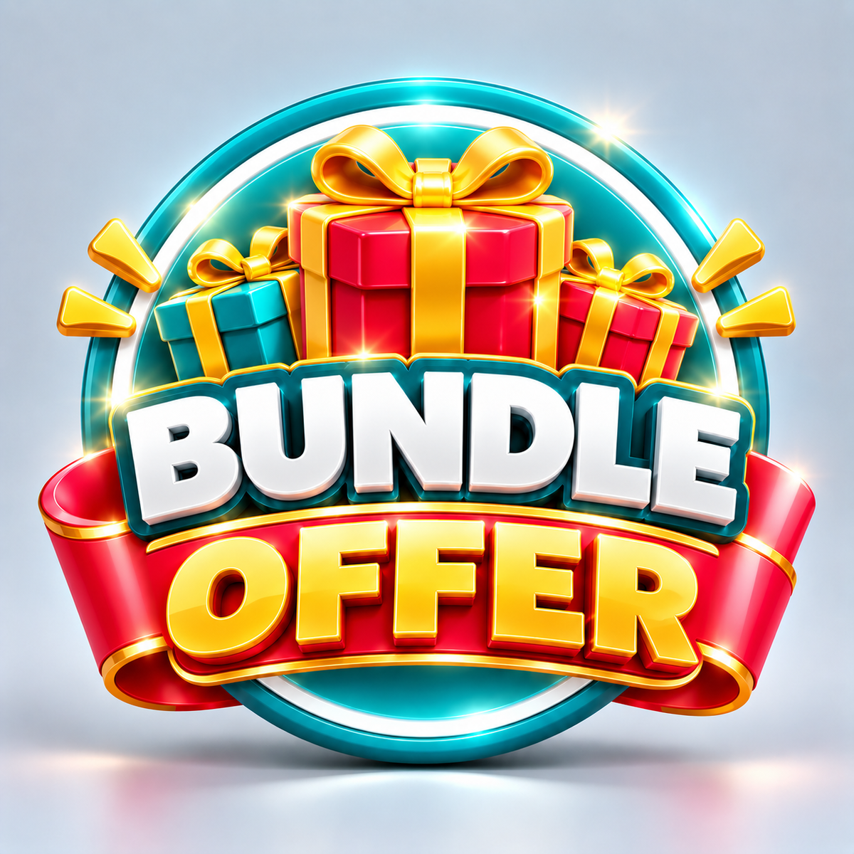 A 3D digital graphic badge advertising a 'BUNDLE OFFER' with three colorful gift boxes (red, teal, and gold) on a glowing teal circular background, set against a light gray gradient backdrop.