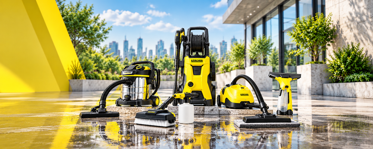 A set of yellow and black high-pressure cleaning machines and attachments arranged on a wet tiled rooftop in front of a modern glass building, with a city skyline and blue sky in the background.