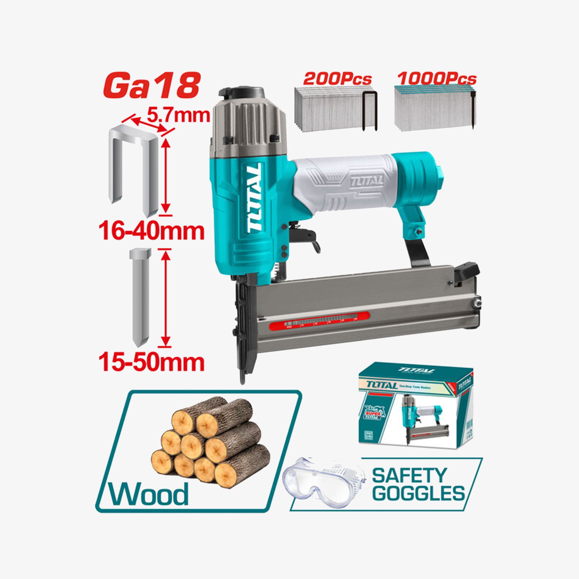 TOTAL nail gun with accessories and safety goggles on a white background