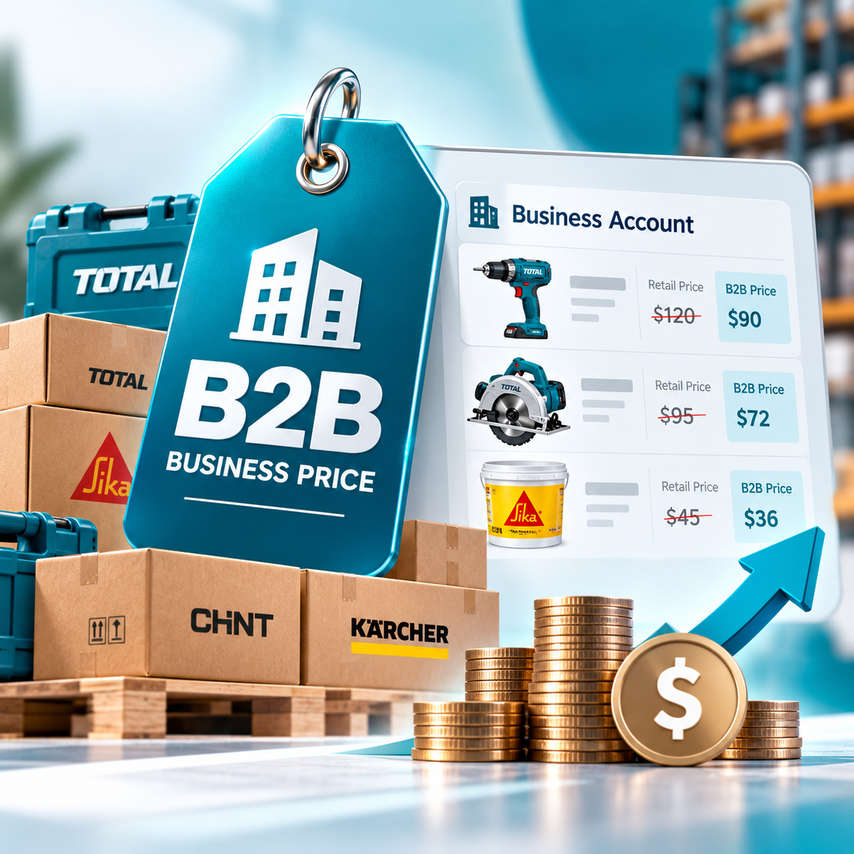 A stylized business pricing graphic showing a large teal tag reading 'B2B BUSINESS PRICE,' stacked cardboard boxes with visible brand names like TOTAL and KARCHER, a laptop screen with a 'Business Account' product list, and gold coins with a dollar sign in the foreground.