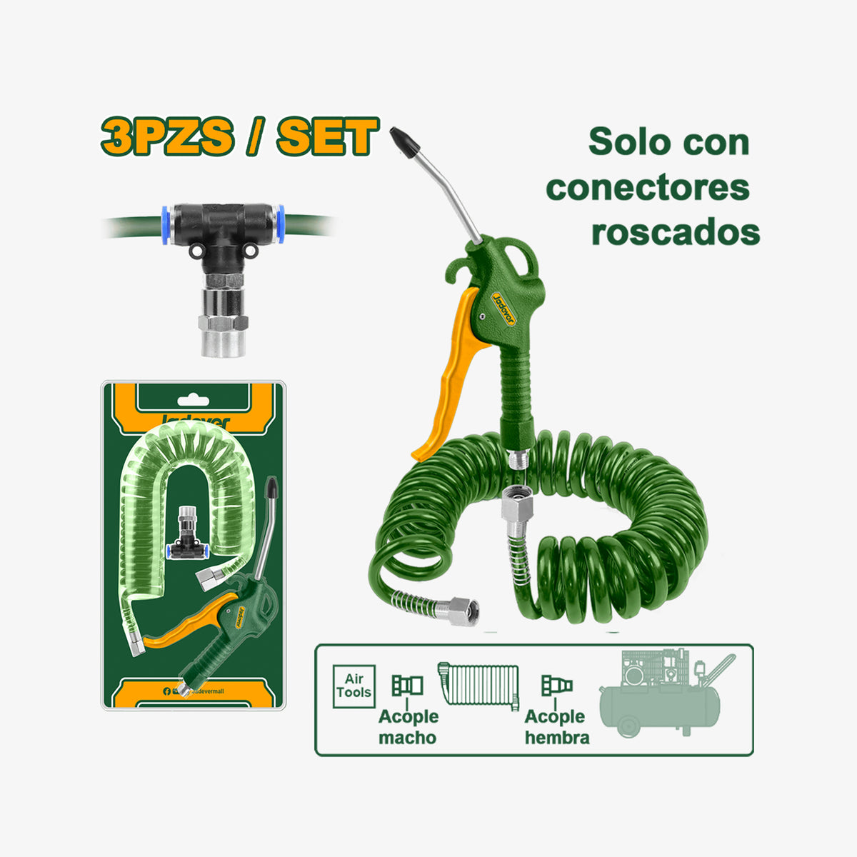 Green air tool set with coiled hose and packaging on a white background
