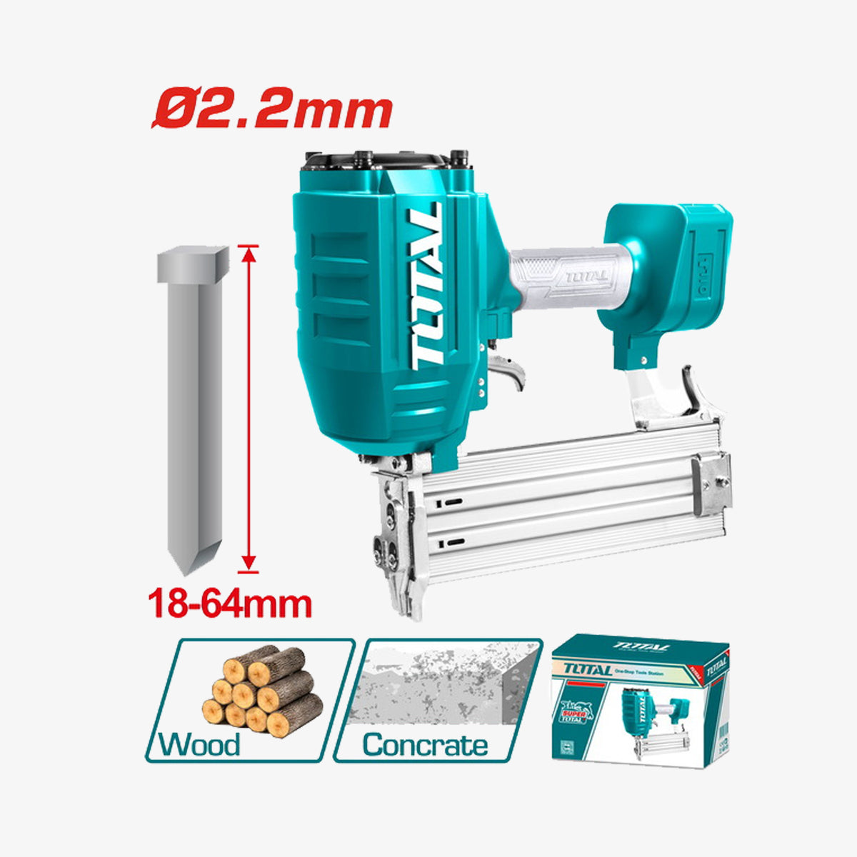 Turquoise nail gun with specifications and accessories on a white background