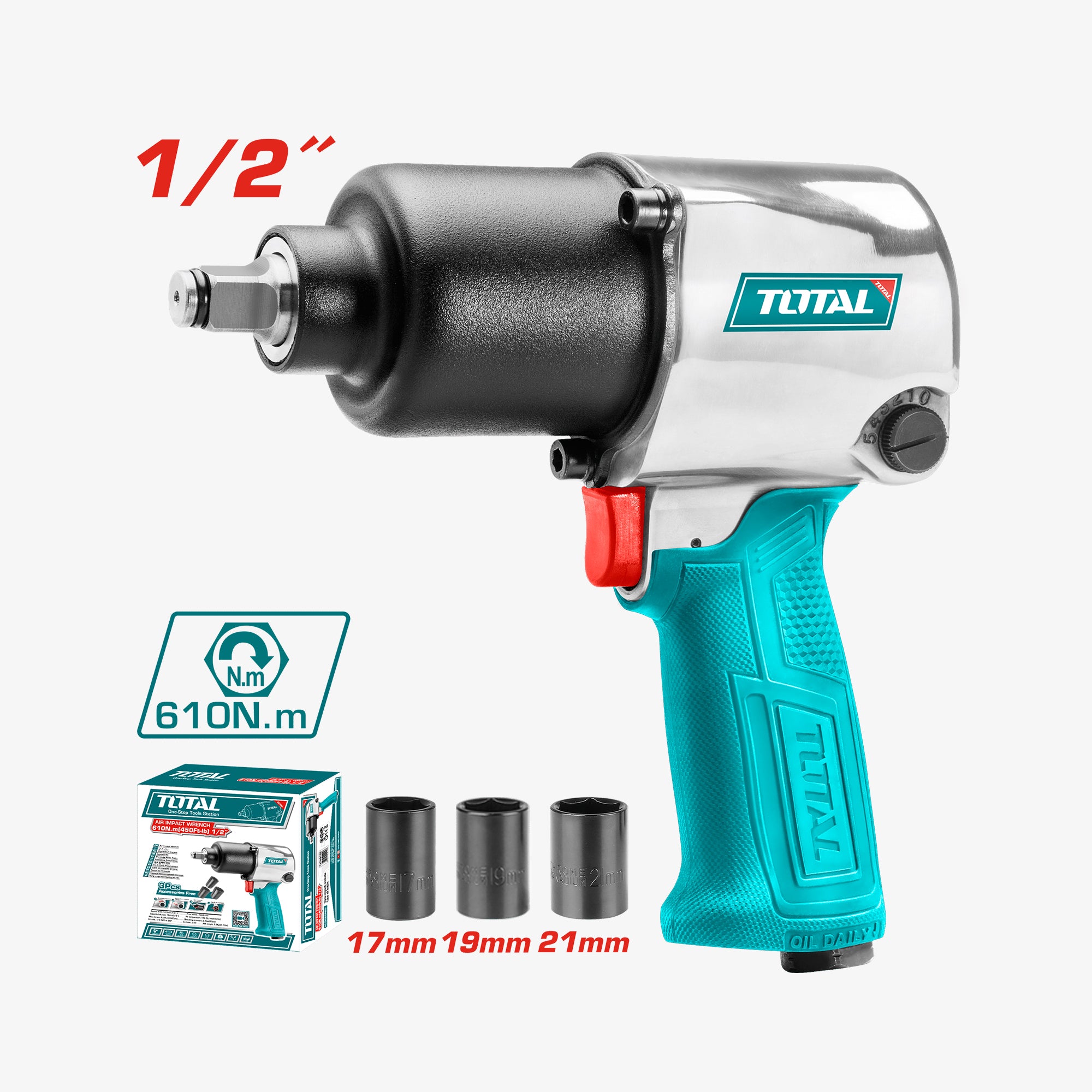 Turquoise and silver impact wrench with accessories on a white background, featuring the Total brand.