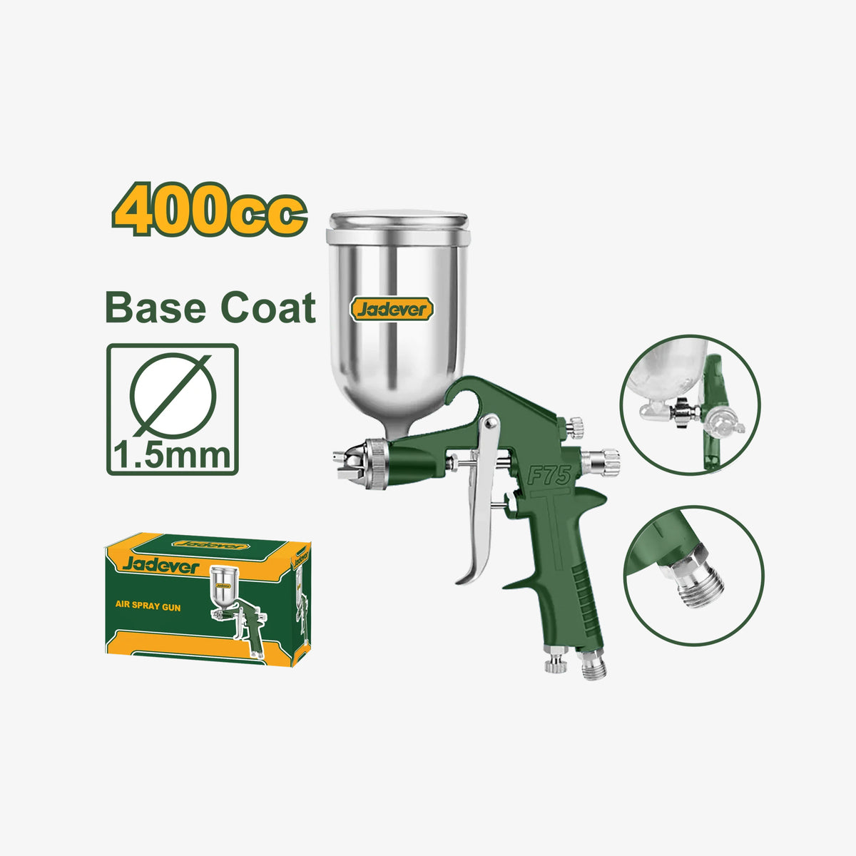 Green and silver paint spray gun with 'Jadovar' branding on a white background