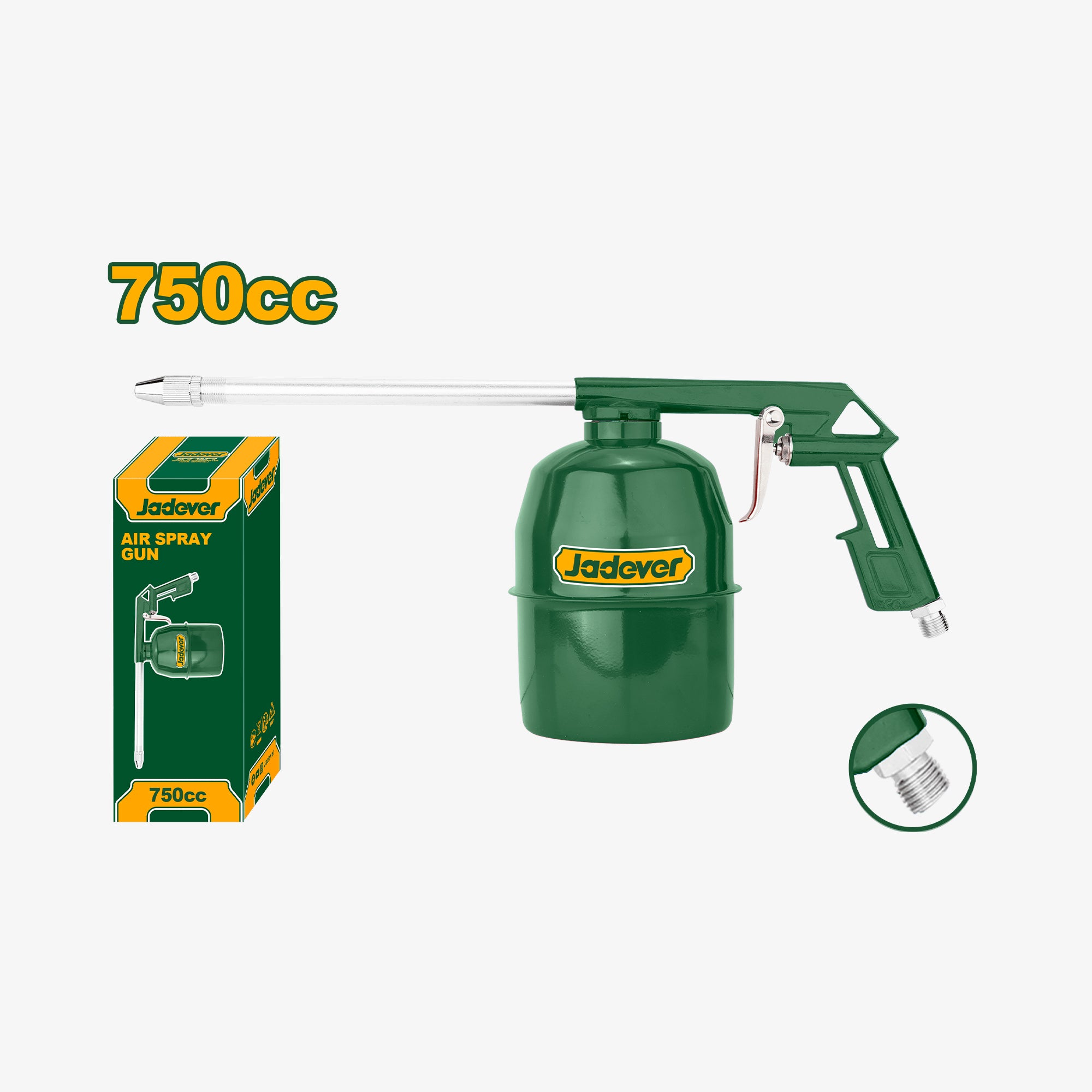 Green air spray gun with packaging and bulb illustration on a white background