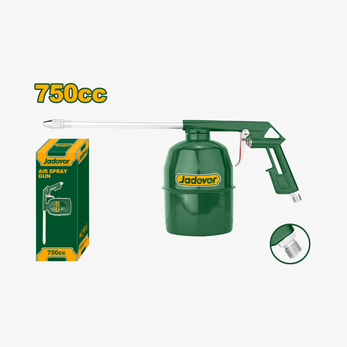 Green air spray gun with packaging and bulb illustration on a white background