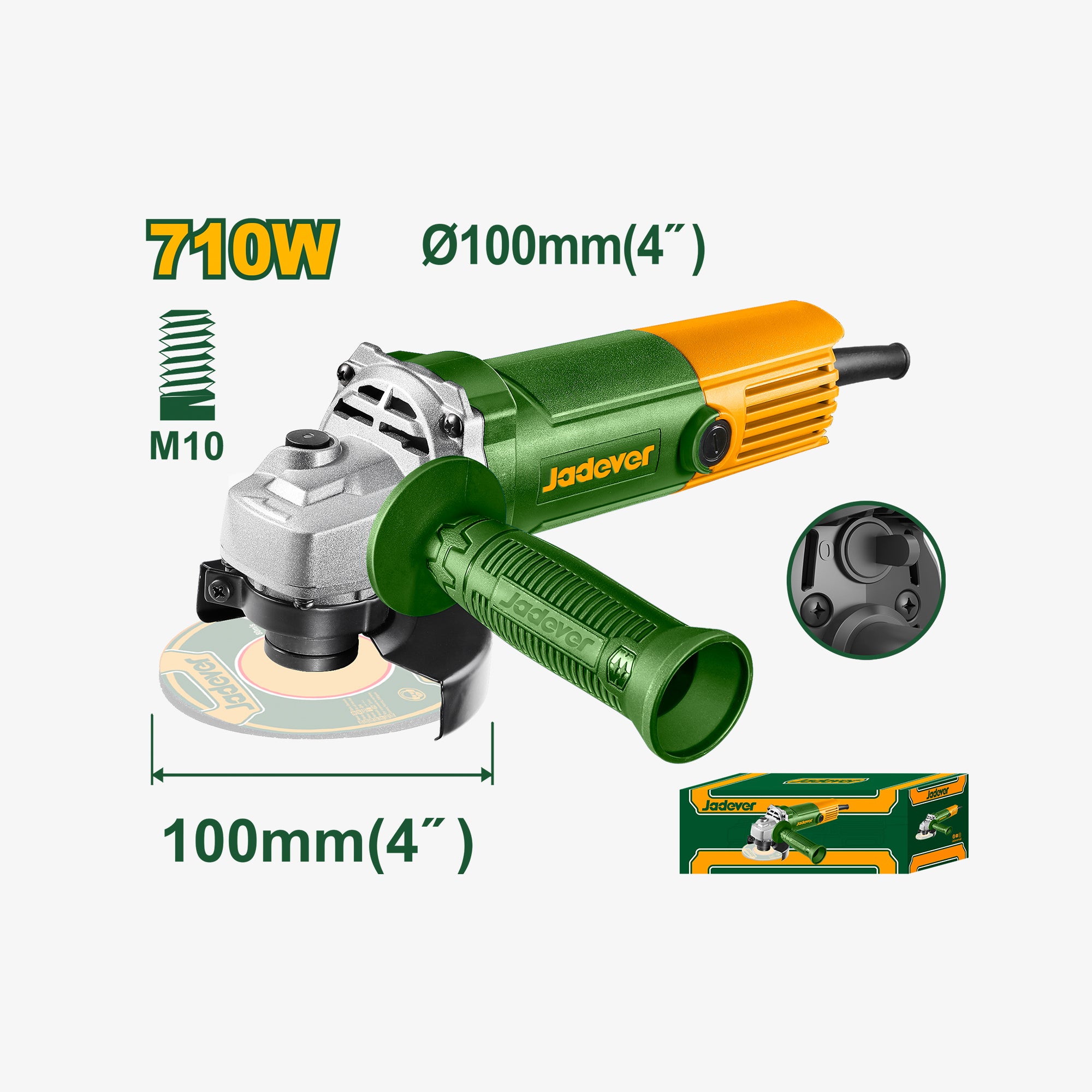 Green and orange angle grinder with specifications on a white background