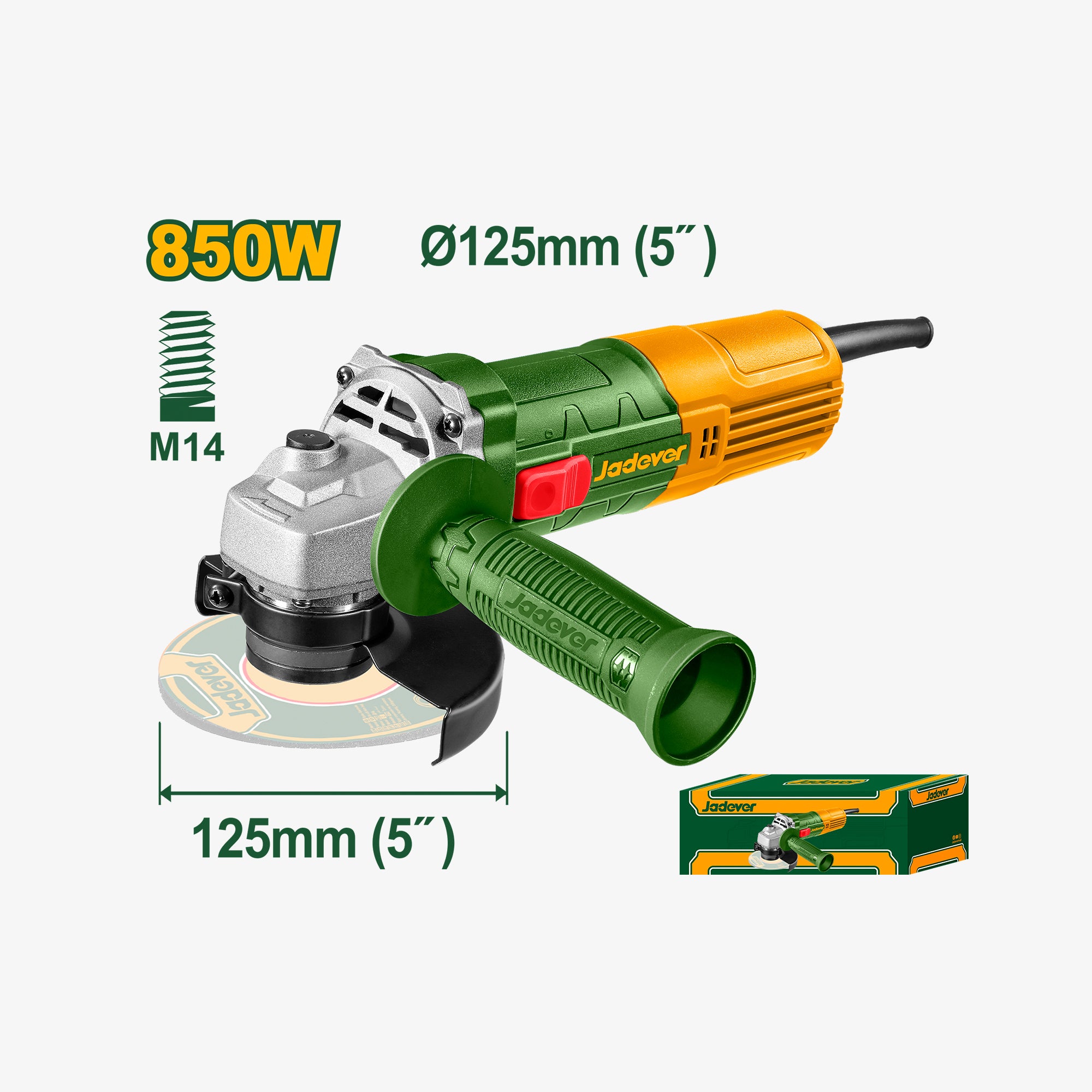 Green and orange angle grinder with specifications on a white background