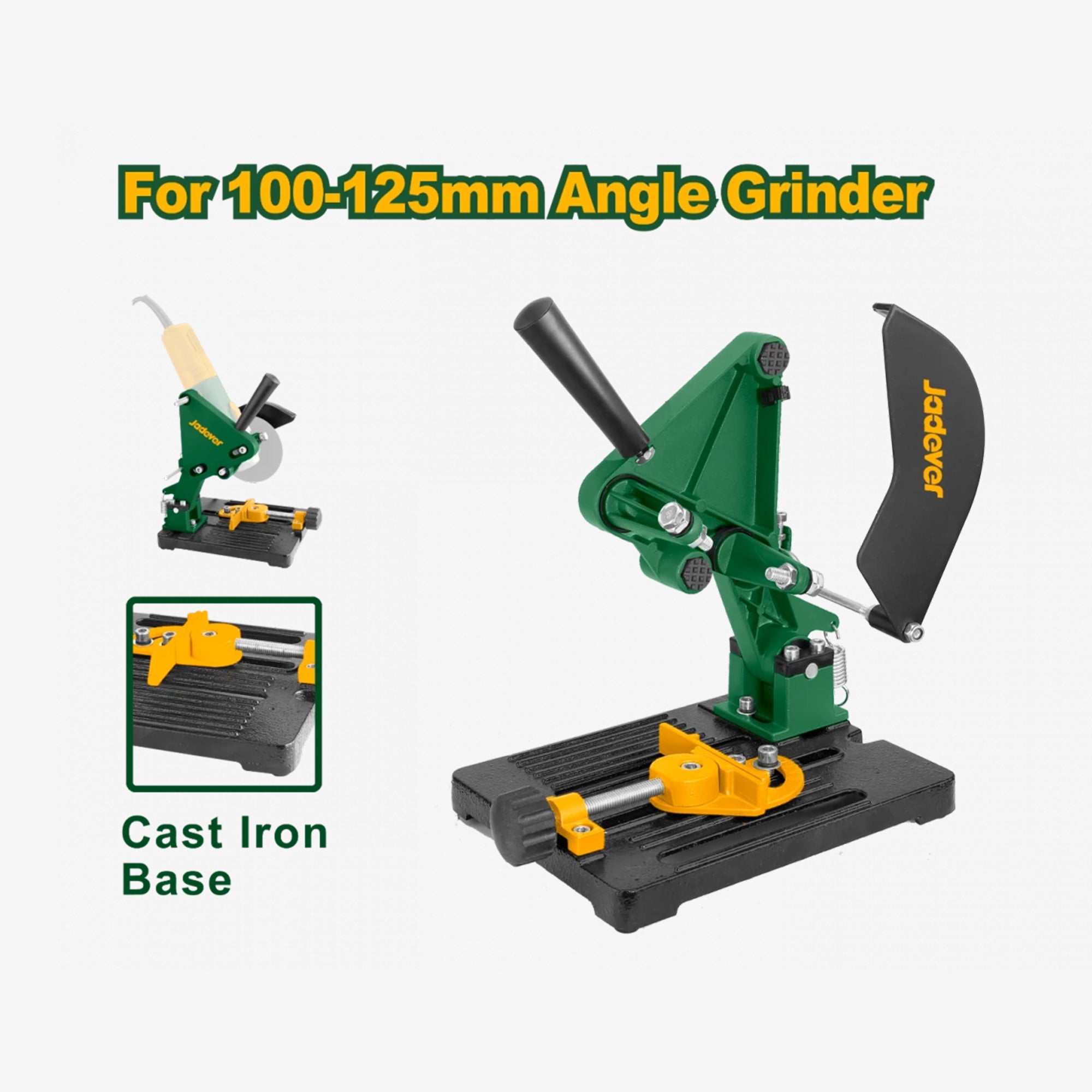 Green and black angle grinder stand with cast iron base on a white background