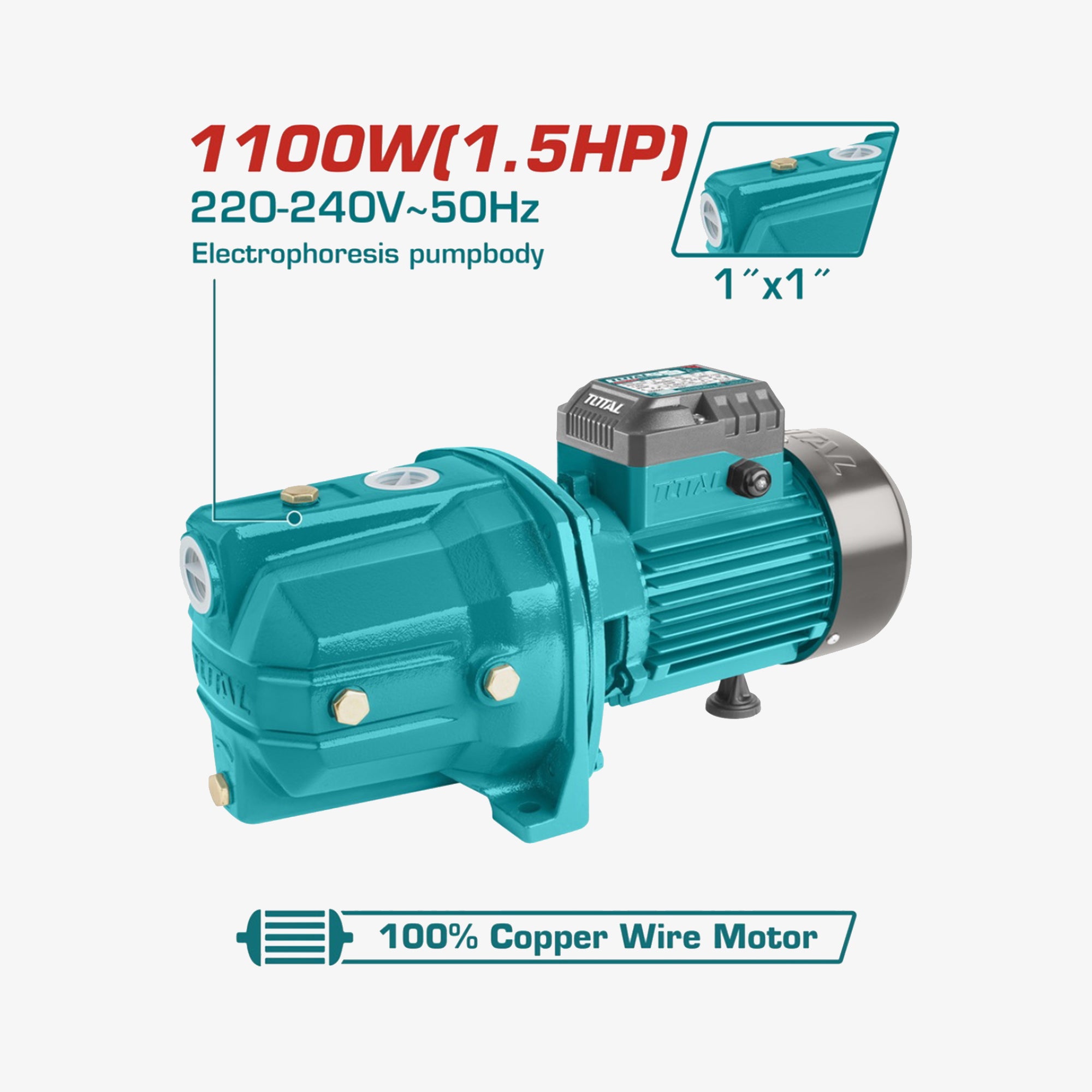 Teal pump with technical specifications on a white background