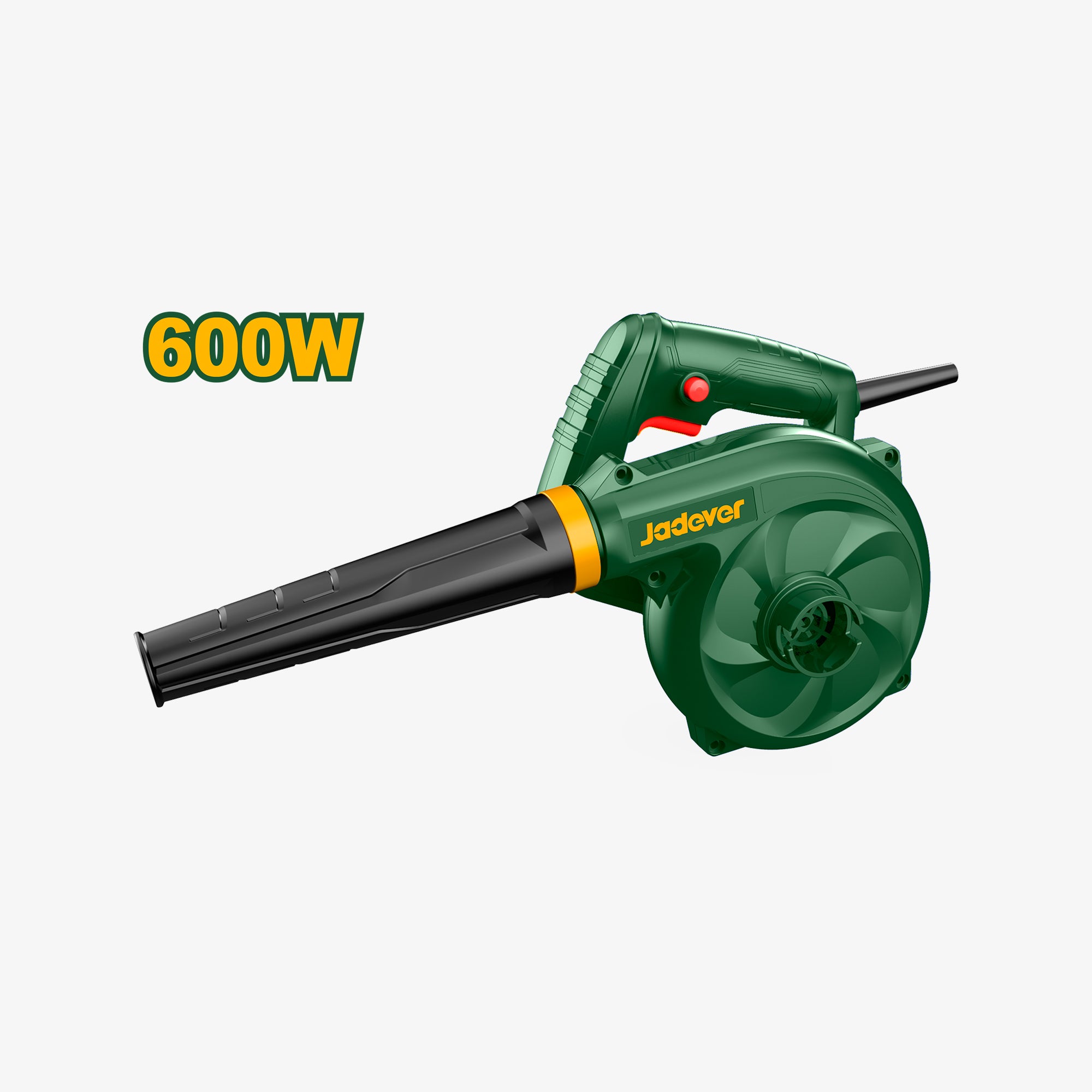 Green leaf blower with 600W rating and Jadovar branding on a white background
