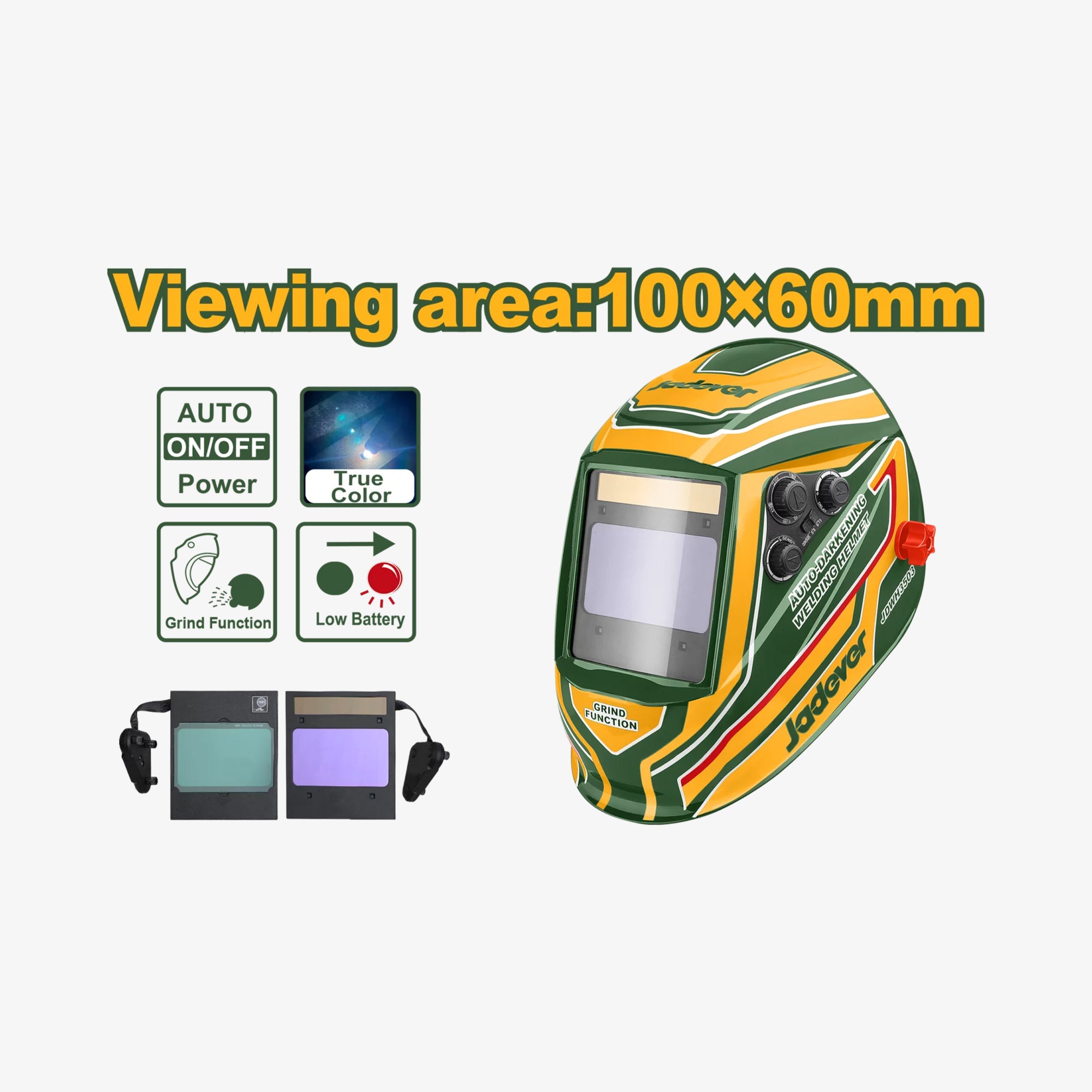 Welding helmet with viewing area details on a white background