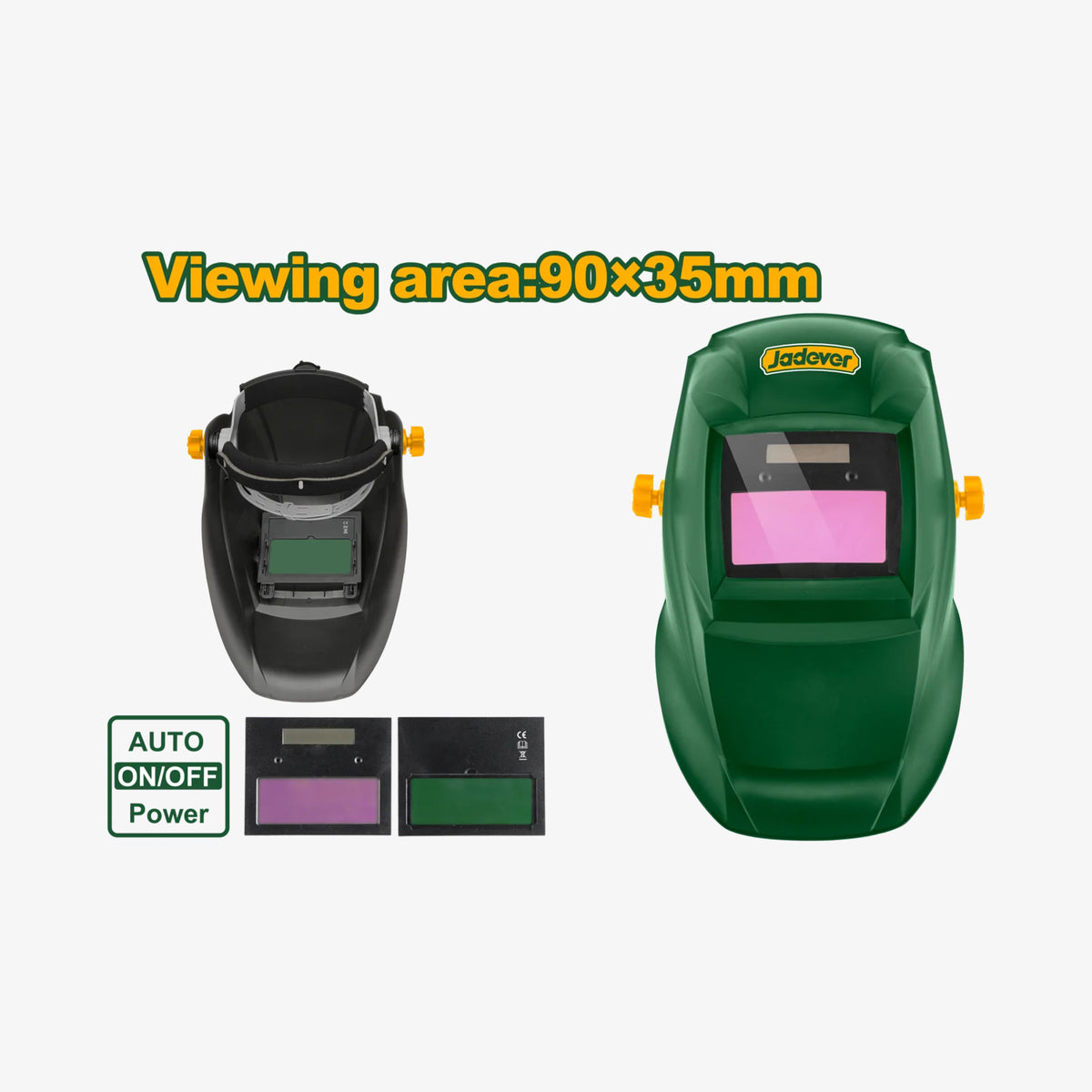 Welding helmet with viewing area specifications on a white background