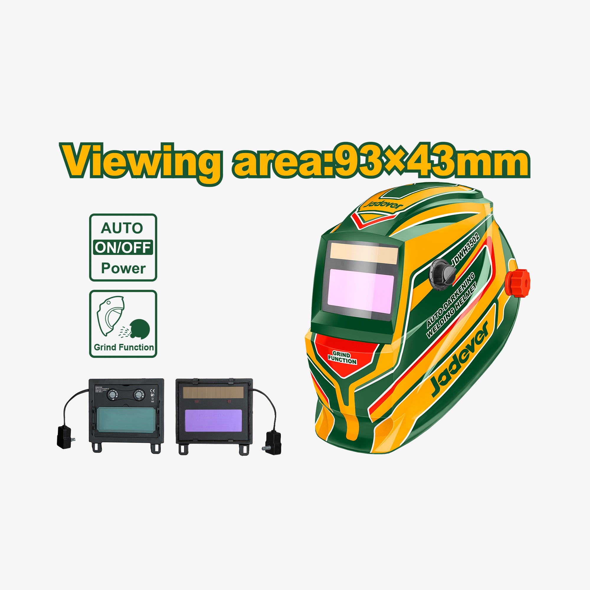 Welding helmet with viewing area specifications on a white background