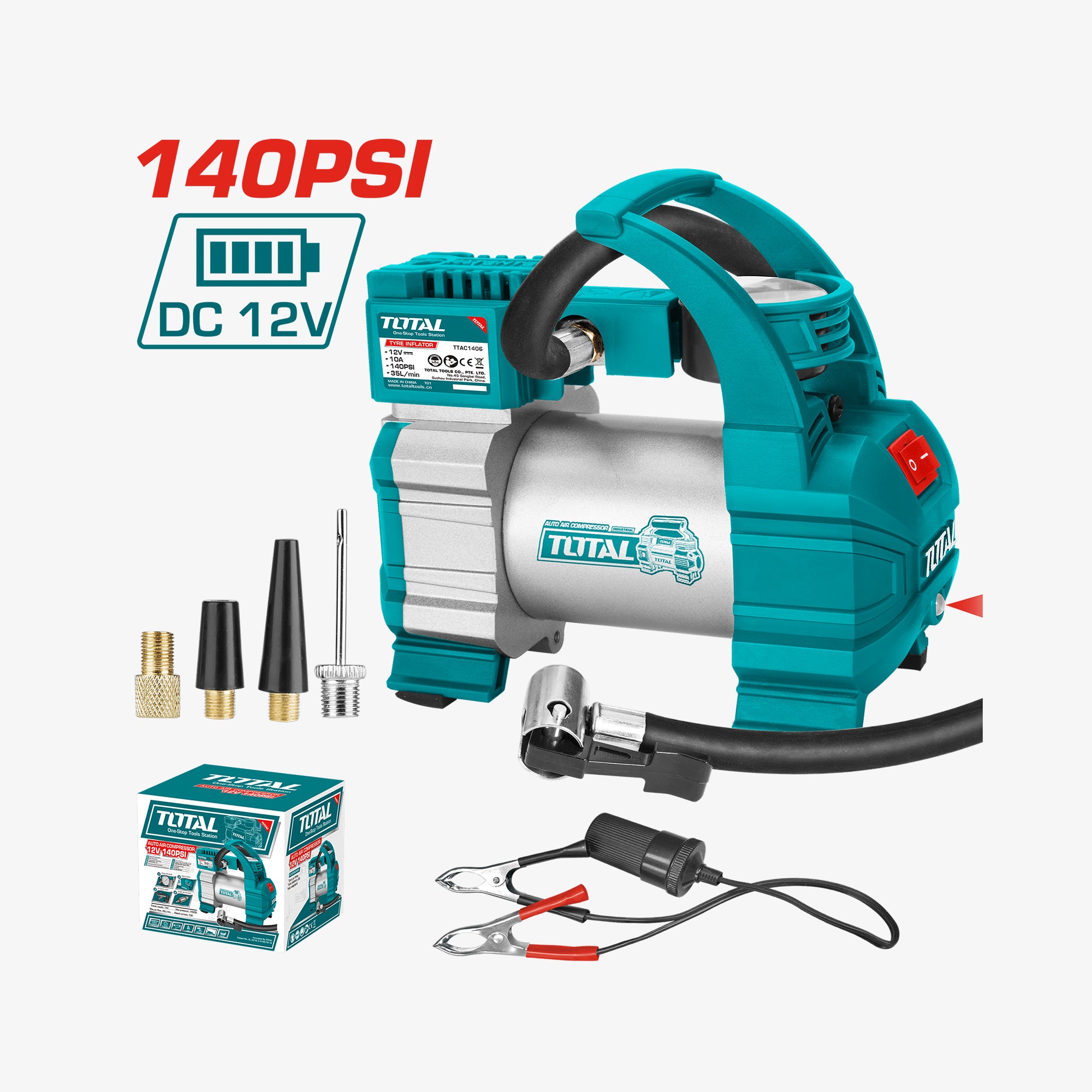 Turquoise and silver air compressor with accessories on a white background