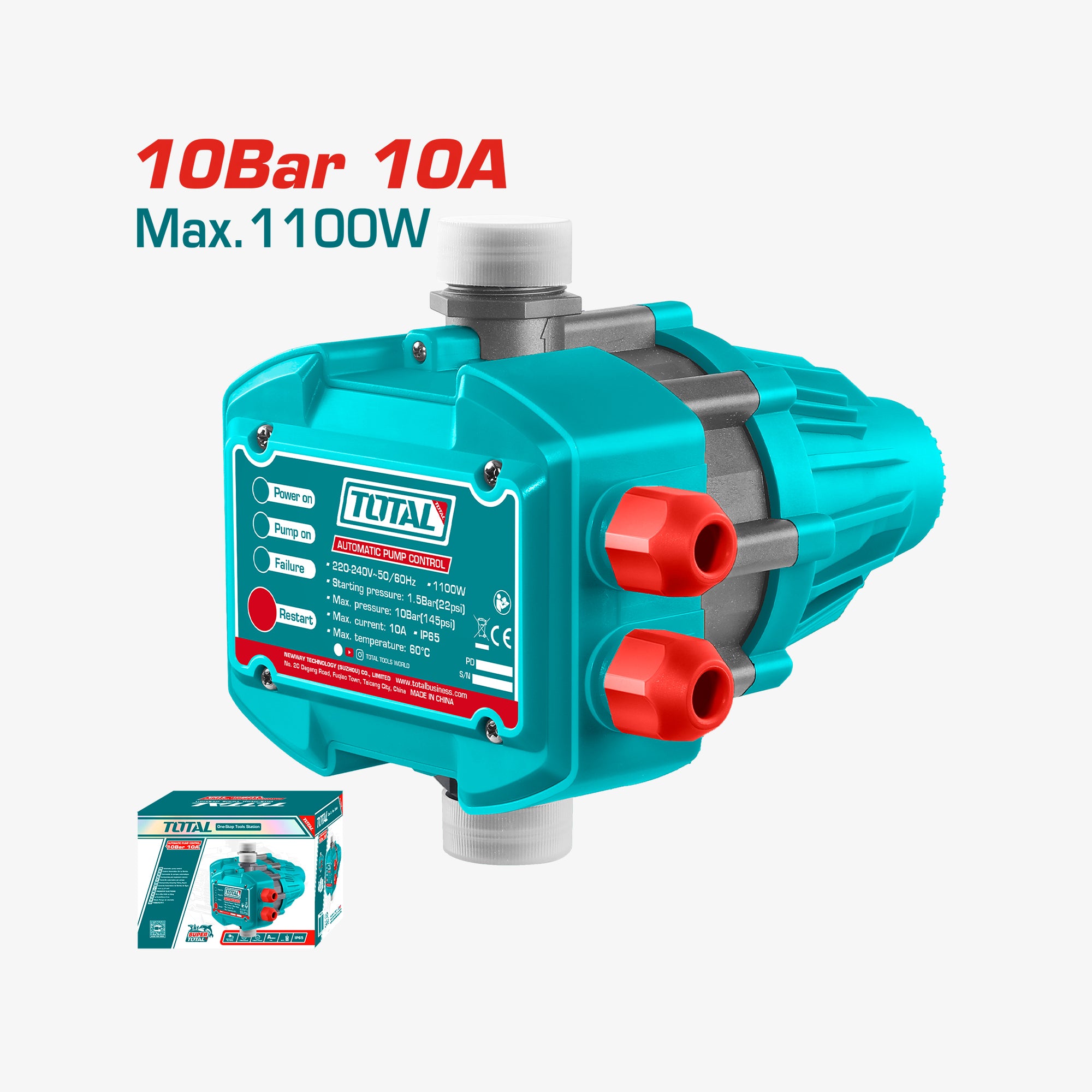 Turquoise pump with red outlets and 'TOTAL' branding on a white background