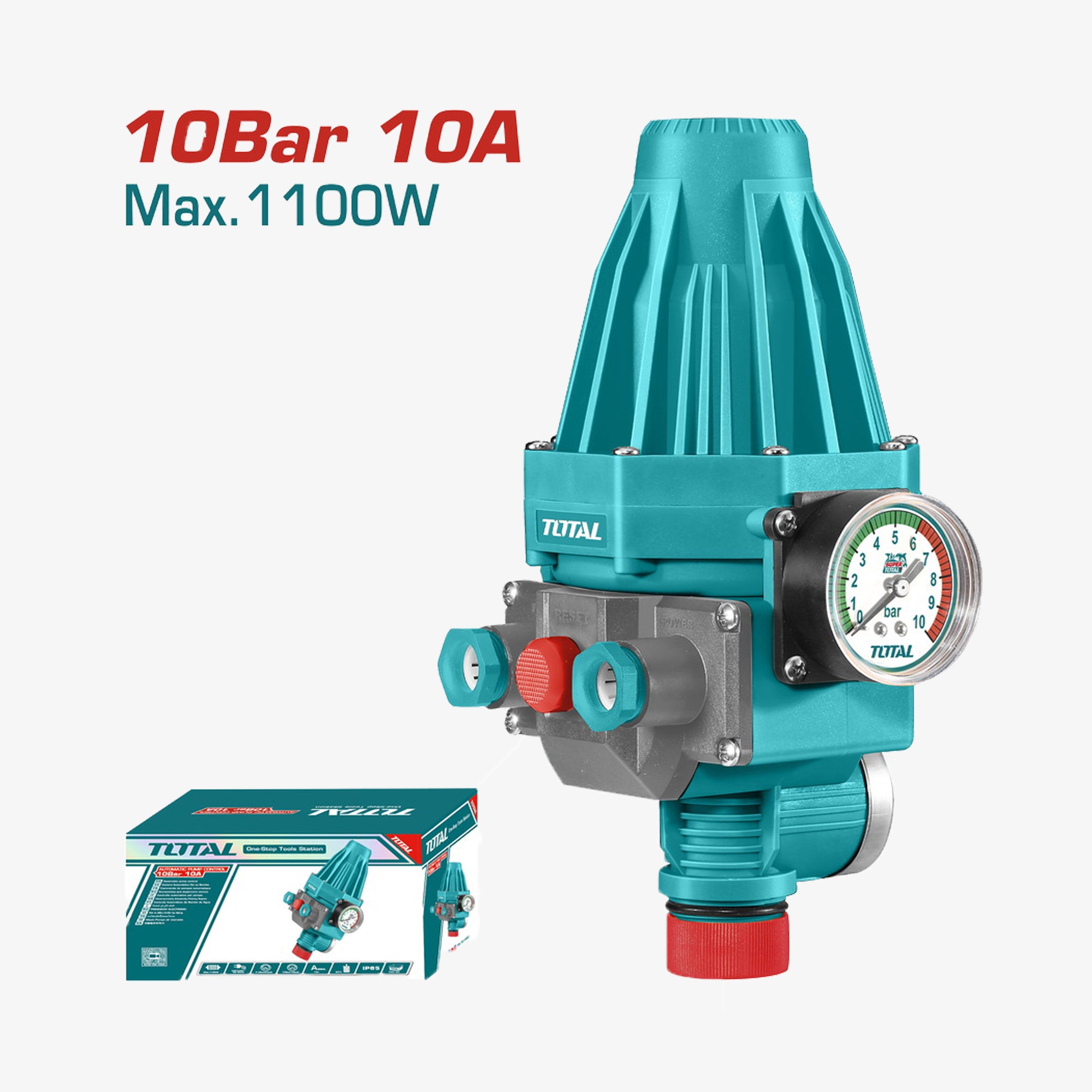 Turquoise pressure regulator with Total branding on a white background