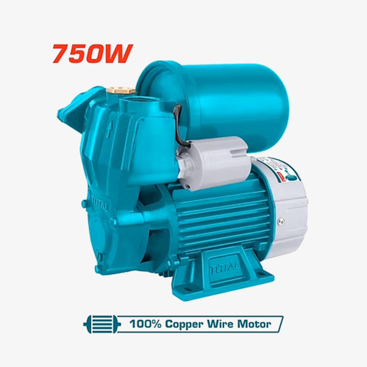 Turquoise pump with 750W rating and 100% copper wire motor label on a white background