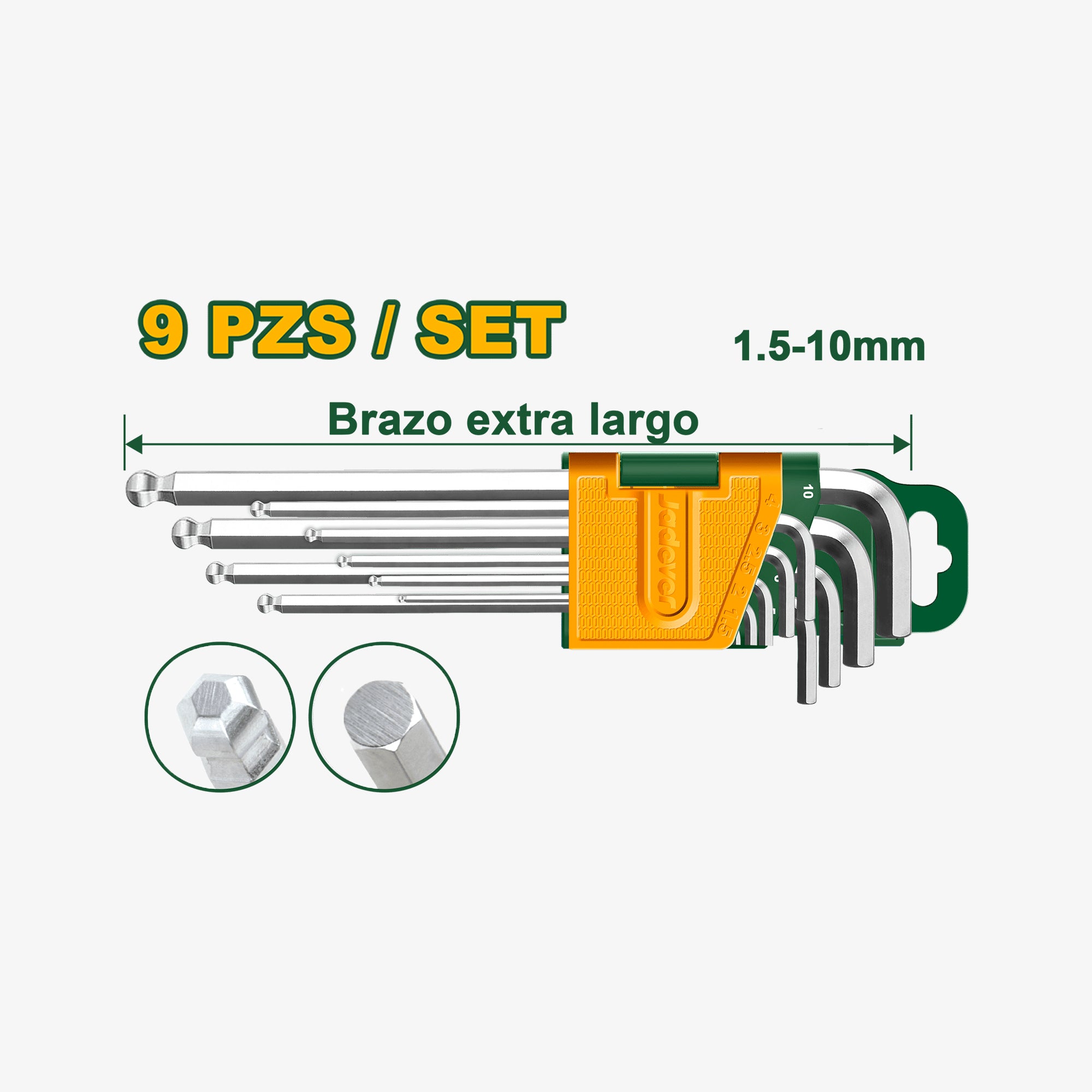 Set of hex keys with measurements on a white background