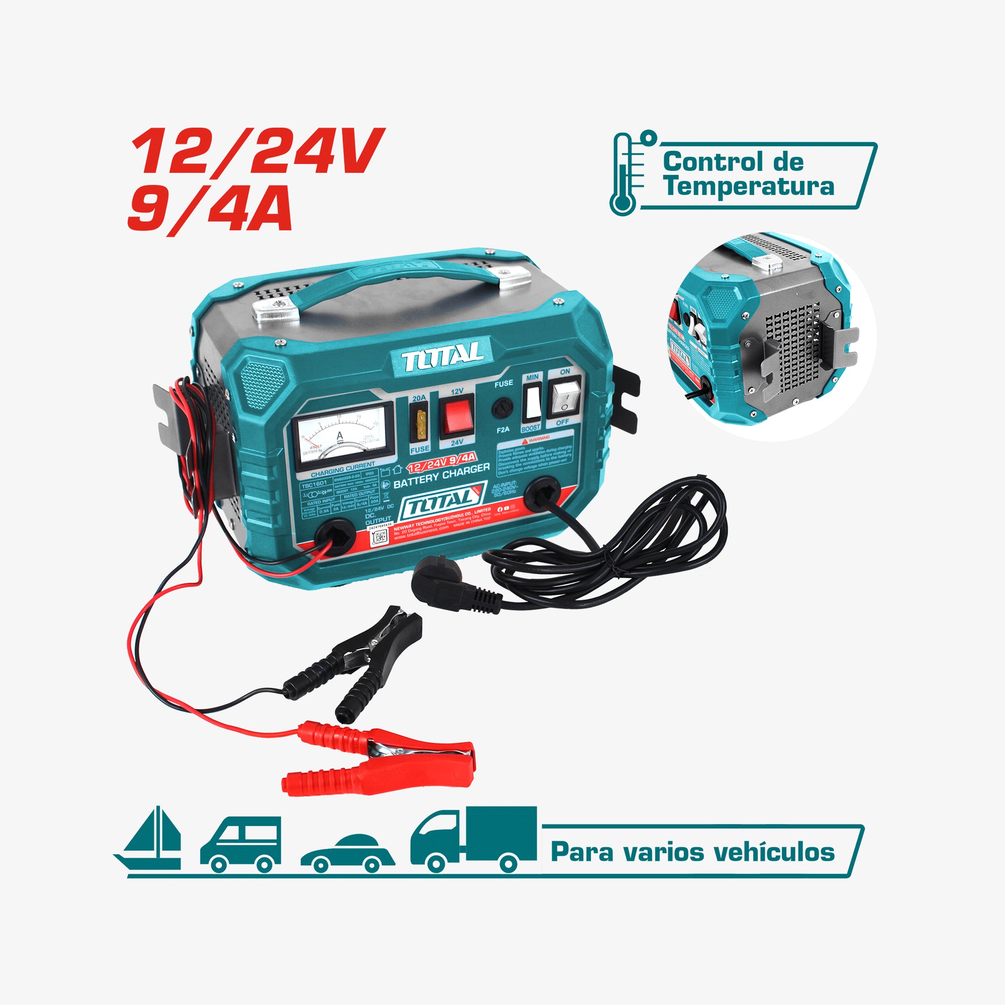 Total brand battery charger with specifications on a white background