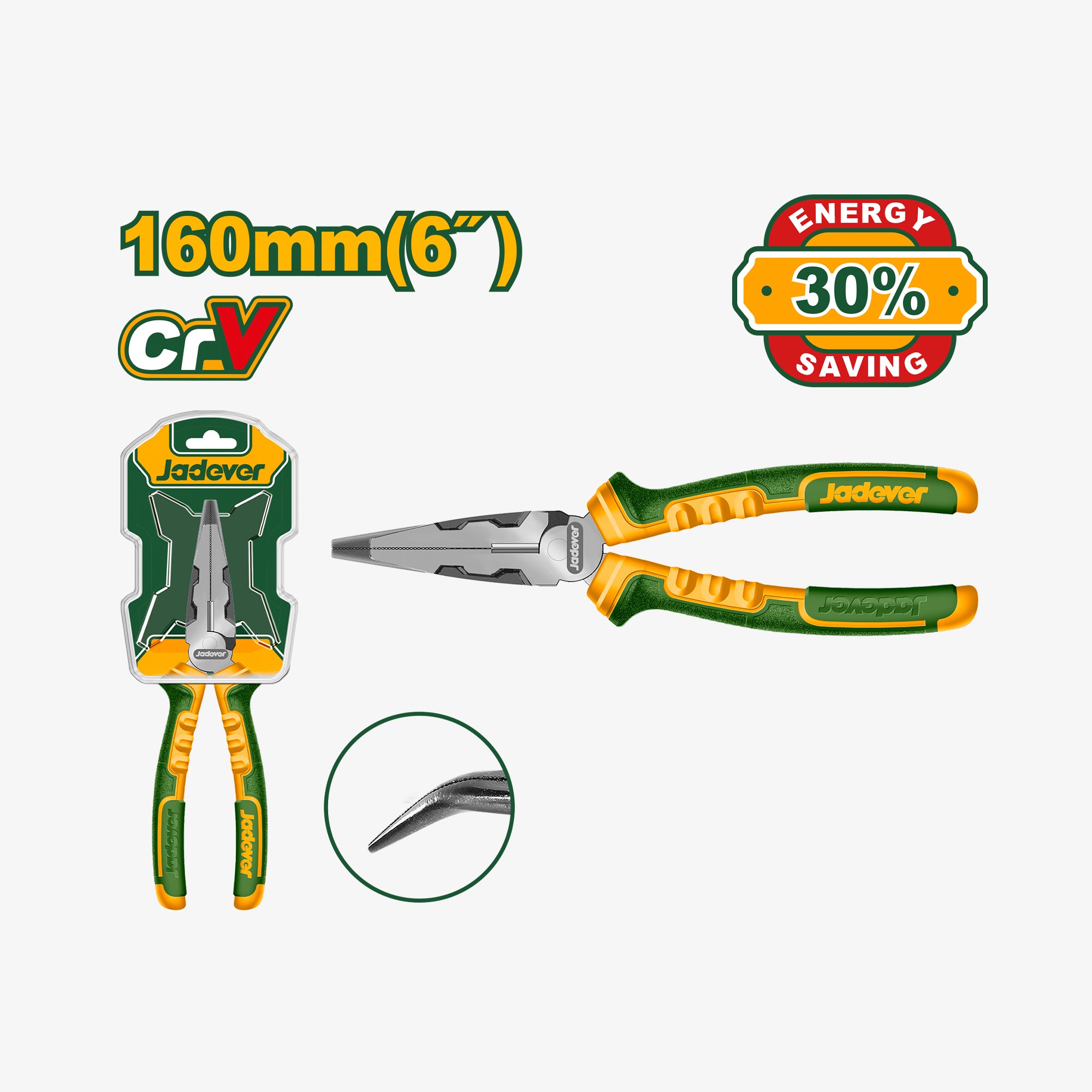 Jadover pliers with packaging and promotional text on a white background