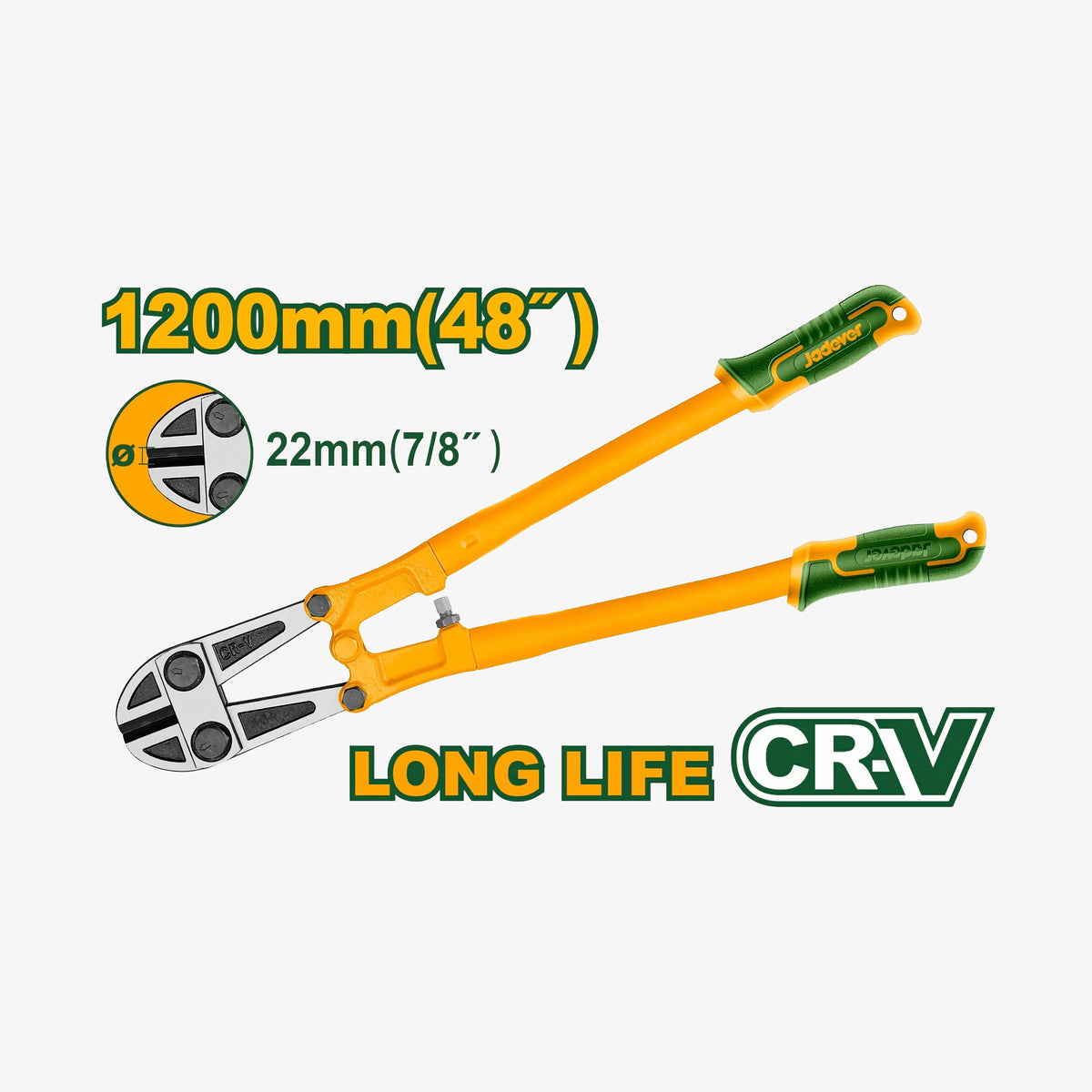 Orange and green lopper tool with measurement details on a white background