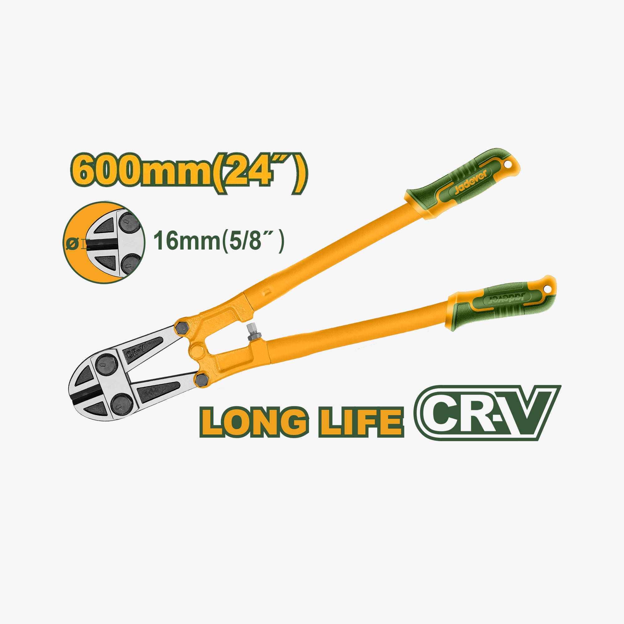 Orange pliers with green handles on a white background, featuring text indicating size and material.
