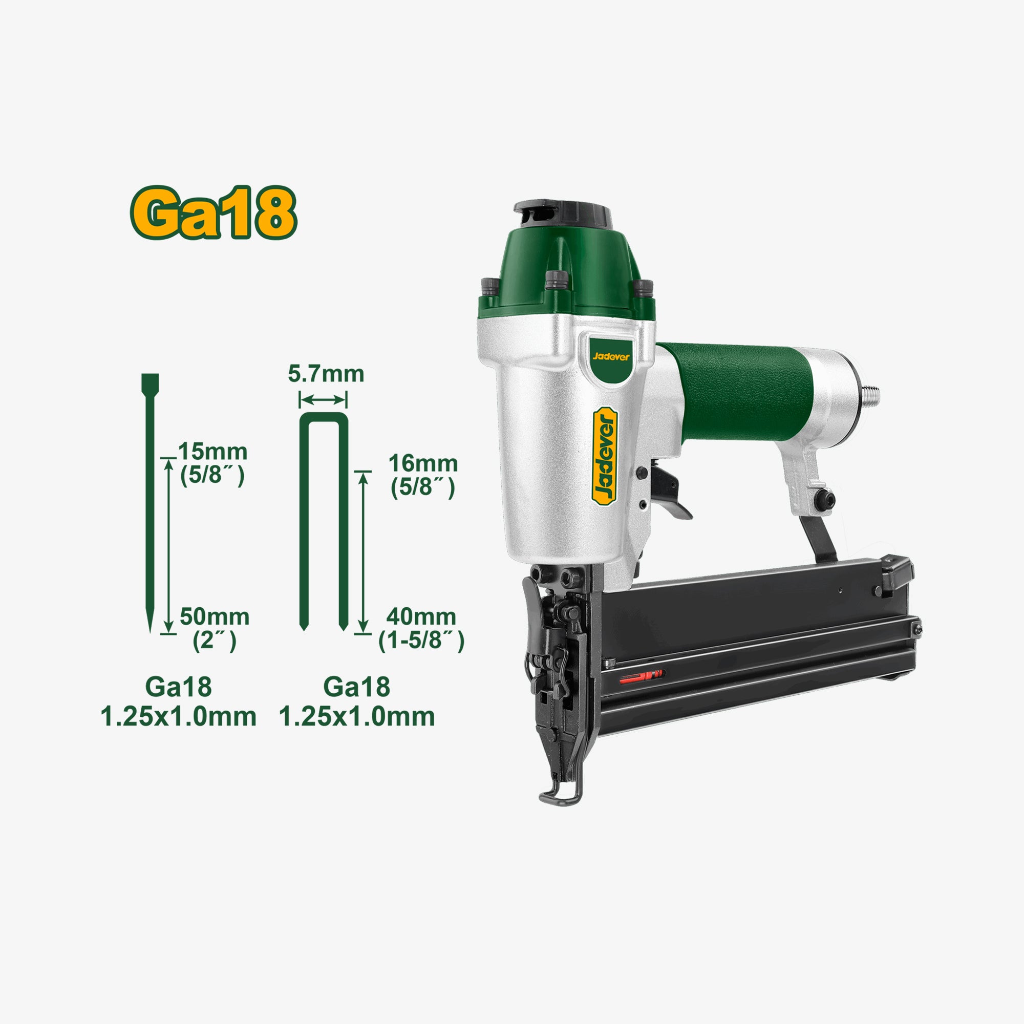 Nail gun with dimensions labeled on a white background