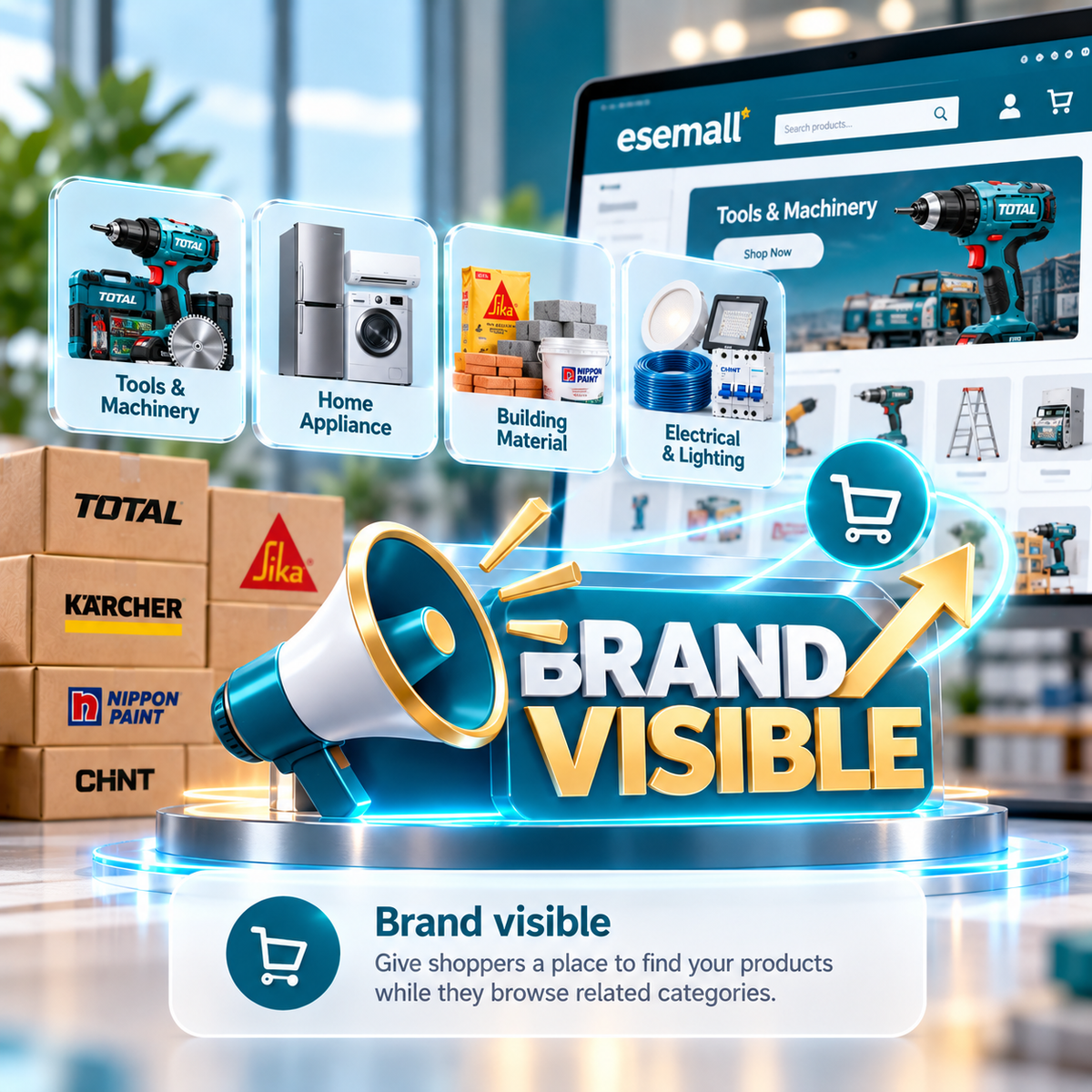Promotional graphic for a brand visibility tool or service, showing a megaphone, shopping cart icons, and a website storefront in the background. Text reads 'BRAND VISIBLE' and 'Brand visible Give shoppers a place to find your products while they browse related categories.