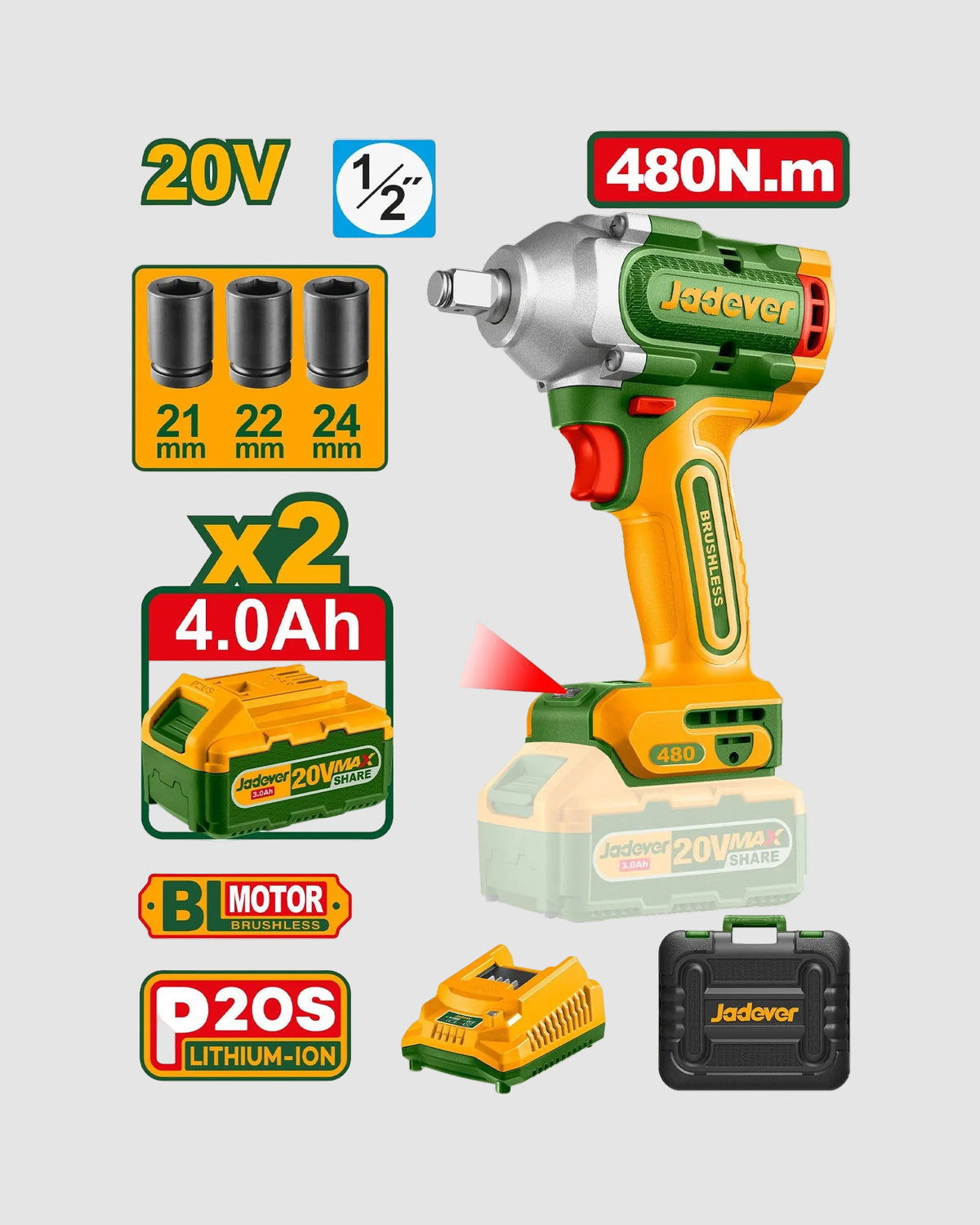 Jadover cordless impact wrench with battery and charger on a white background