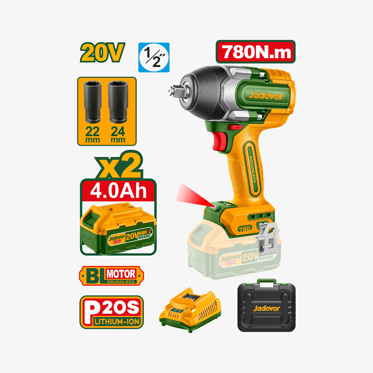 Jadover cordless impact driver with battery and accessories on a white background