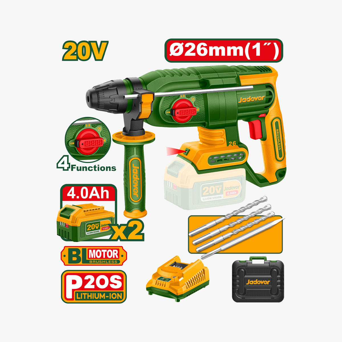 Green and yellow drill with accessories on a white background