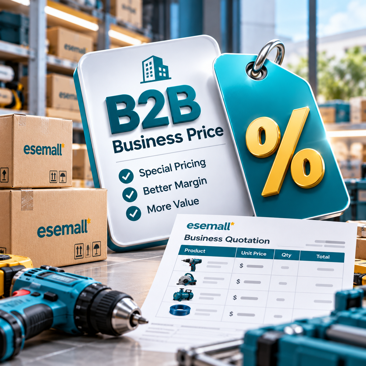 A stylized B2B business pricing scene with two large price tags reading 'B2B Business Price' and a percentage symbol, a business quotation sheet, and stacked esemalt boxes on a workbench in a warehouse-like setting.