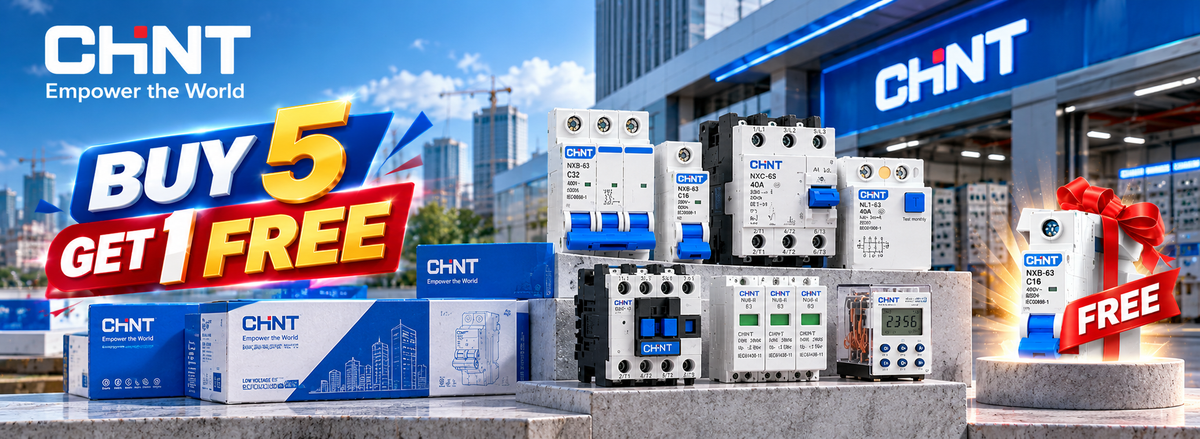 CHNT electrical components displayed in front of a CHNT store storefront, with promotional text reading 'BUY 5 GET 1 FREE' and a gift box graphic.
