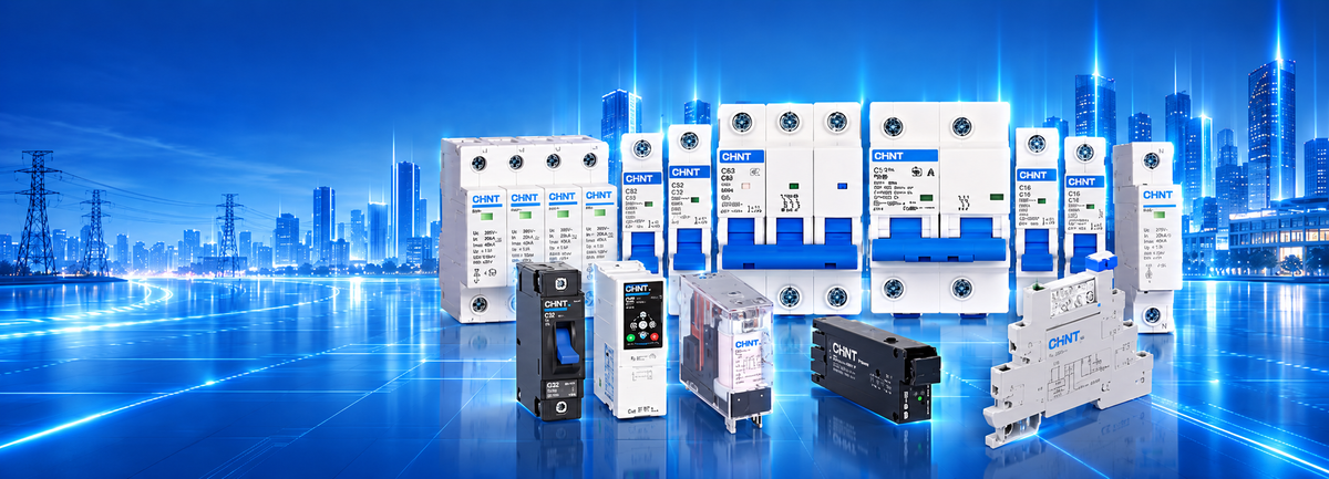 A lineup of industrial electrical components, including circuit breakers and relays, displayed against a futuristic blue cityscape background with glowing light effects.
