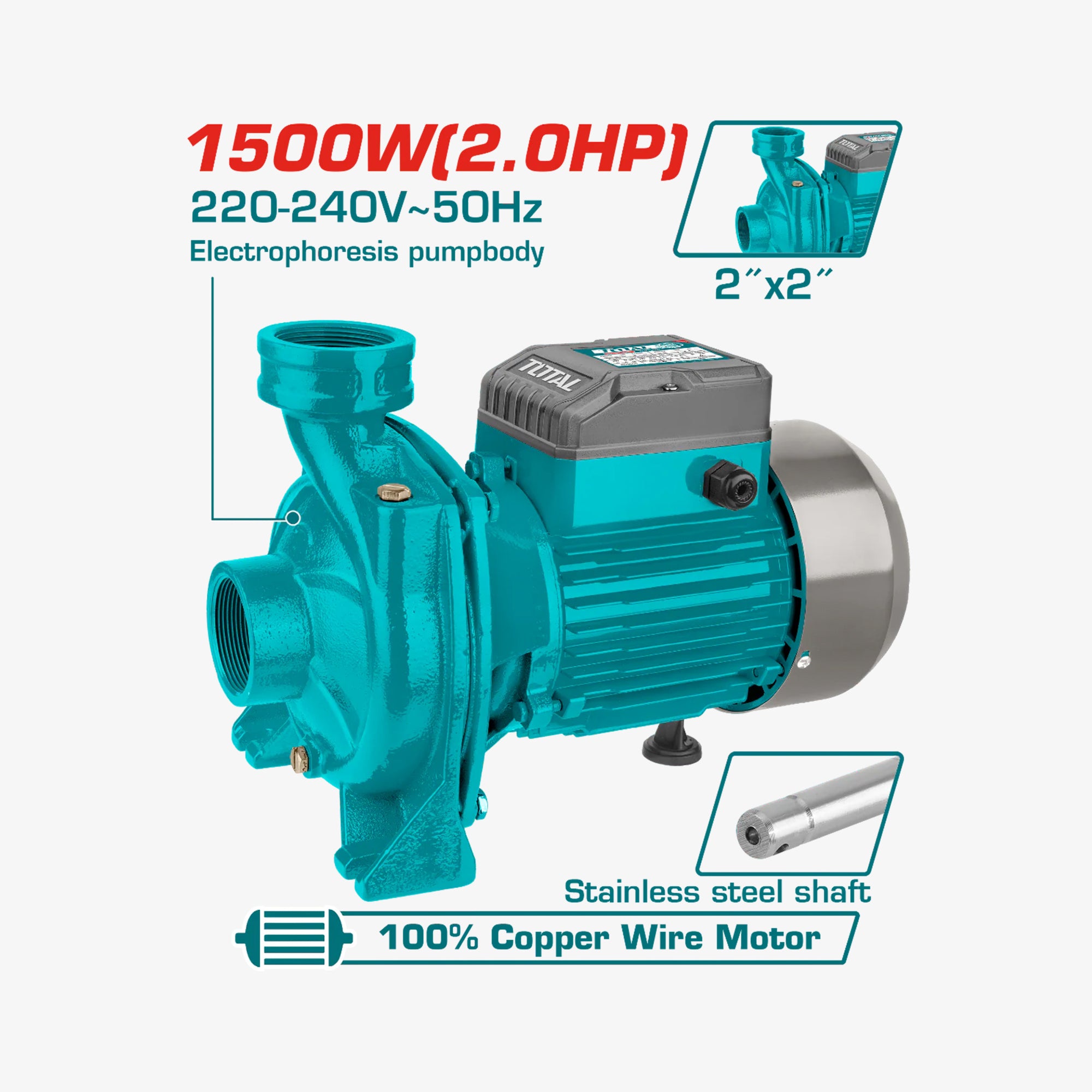 Teal pump with technical specifications on a white background