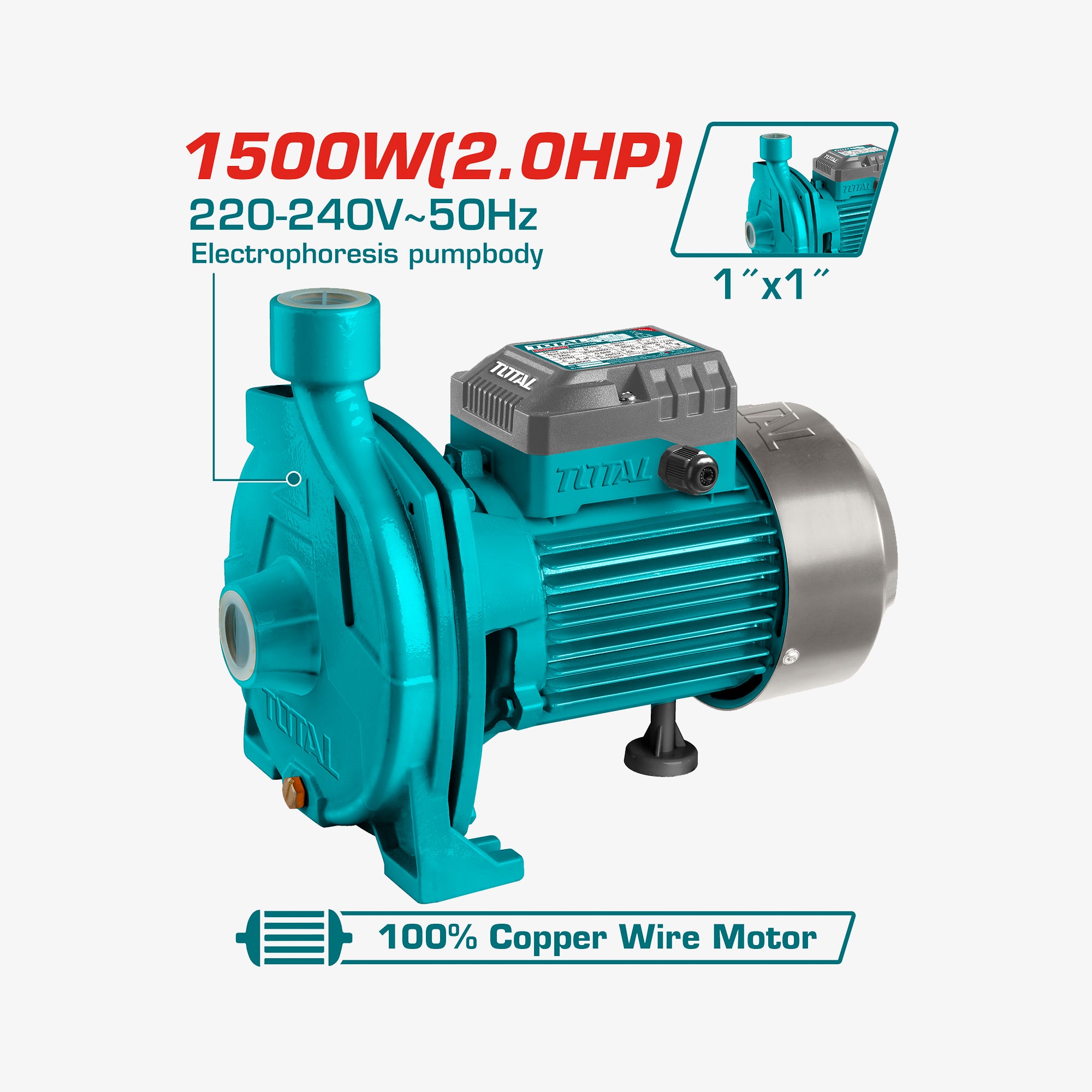 Teal pump with technical specifications on a white background