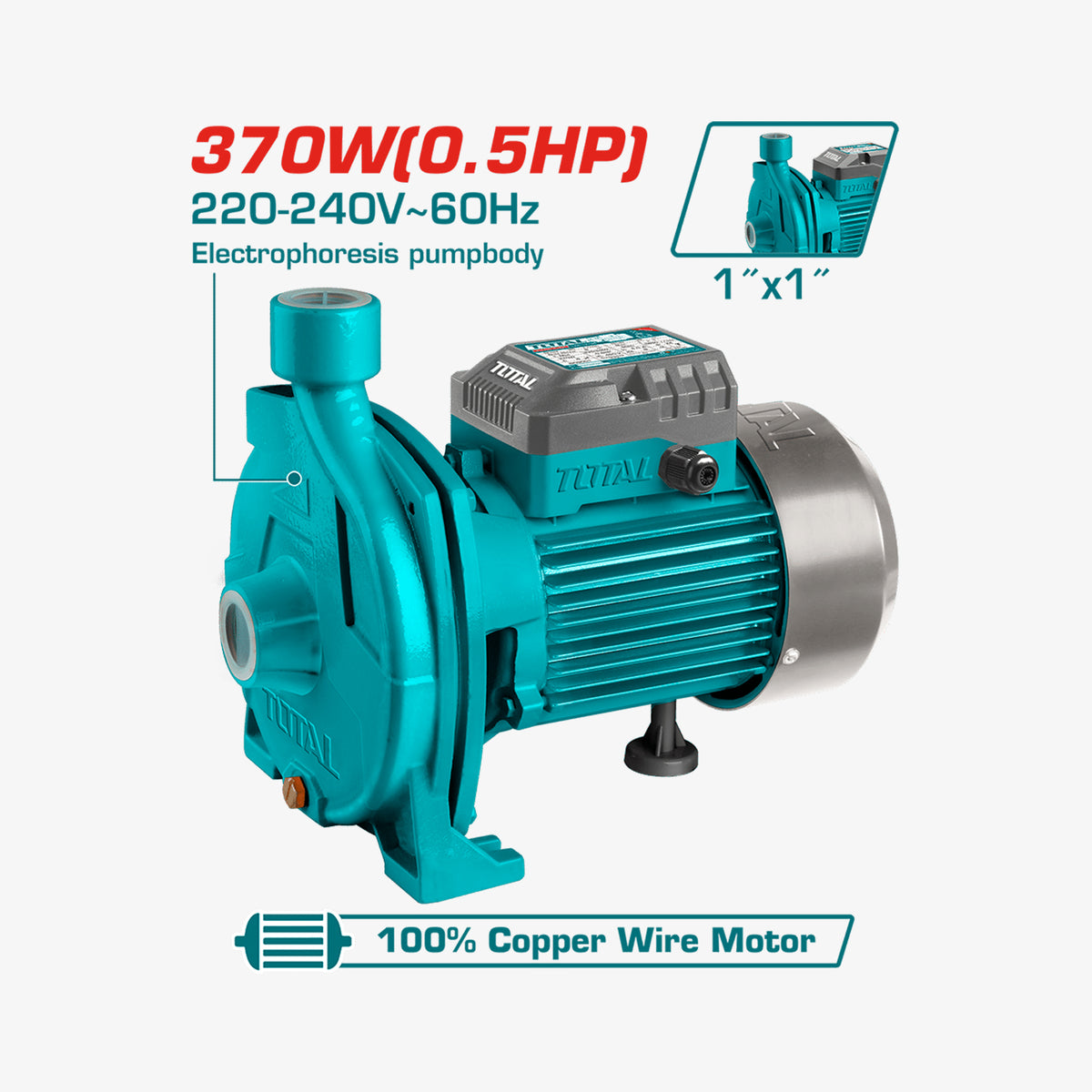 Teal pump with technical specifications on a white background