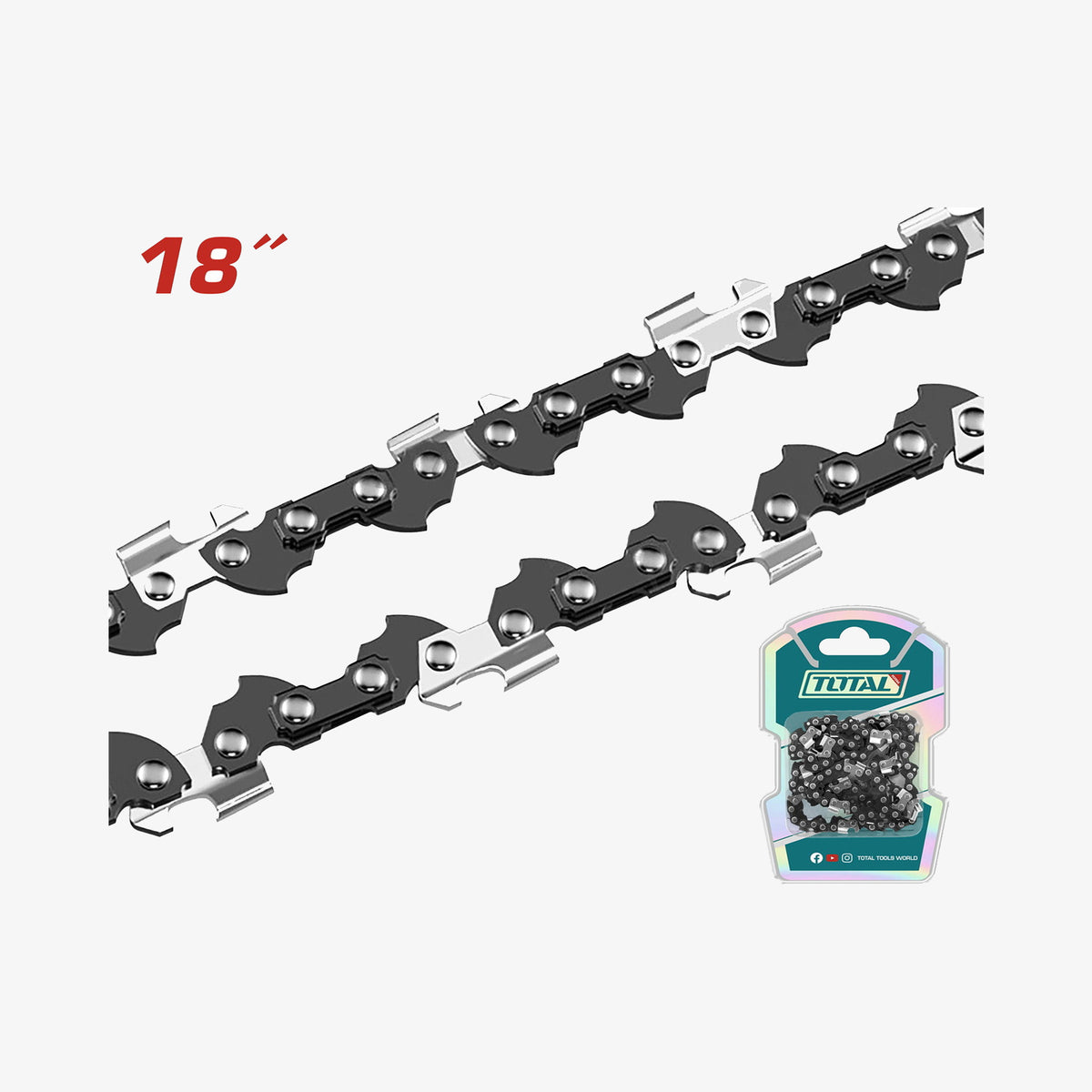 Saw chain with packaging labeled 'TOTAL' on a white background