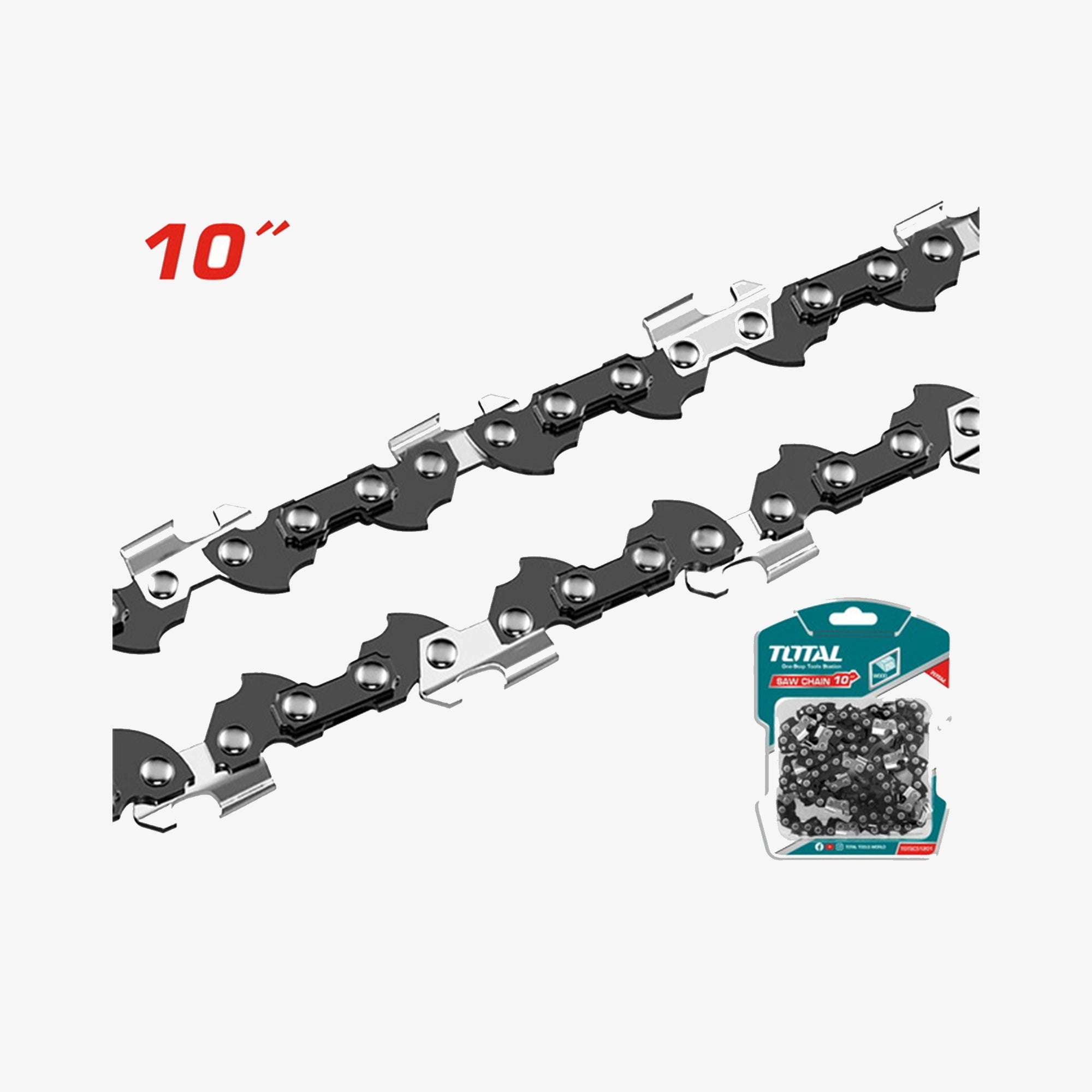 Saw chain set with packaging on a white background