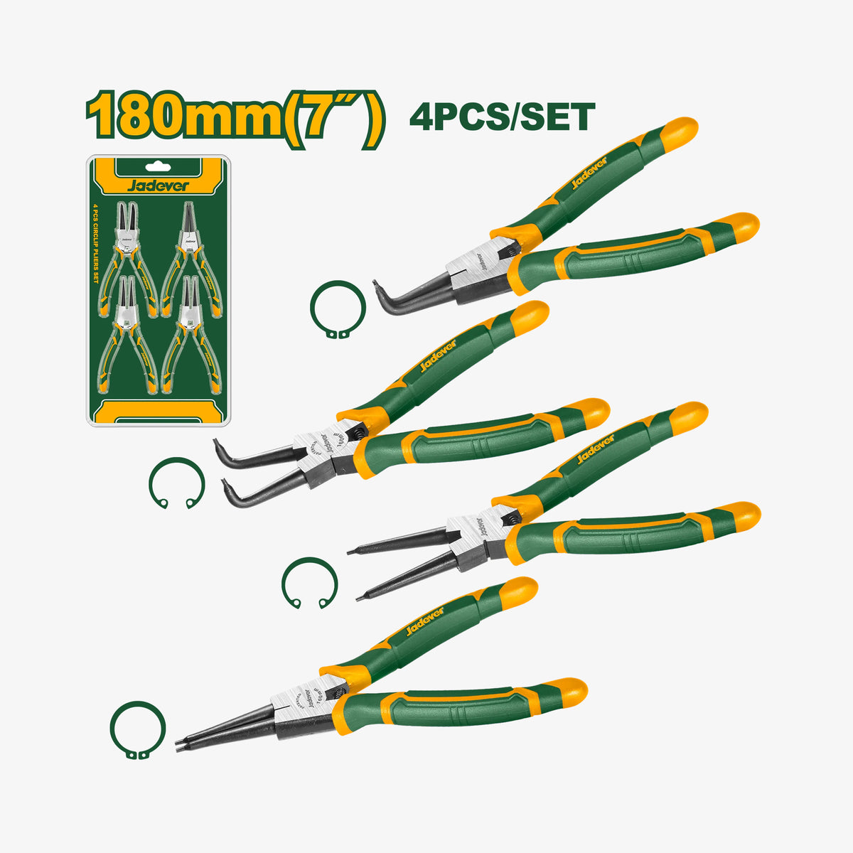 Set of green and yellow pliers with packaging on a white background