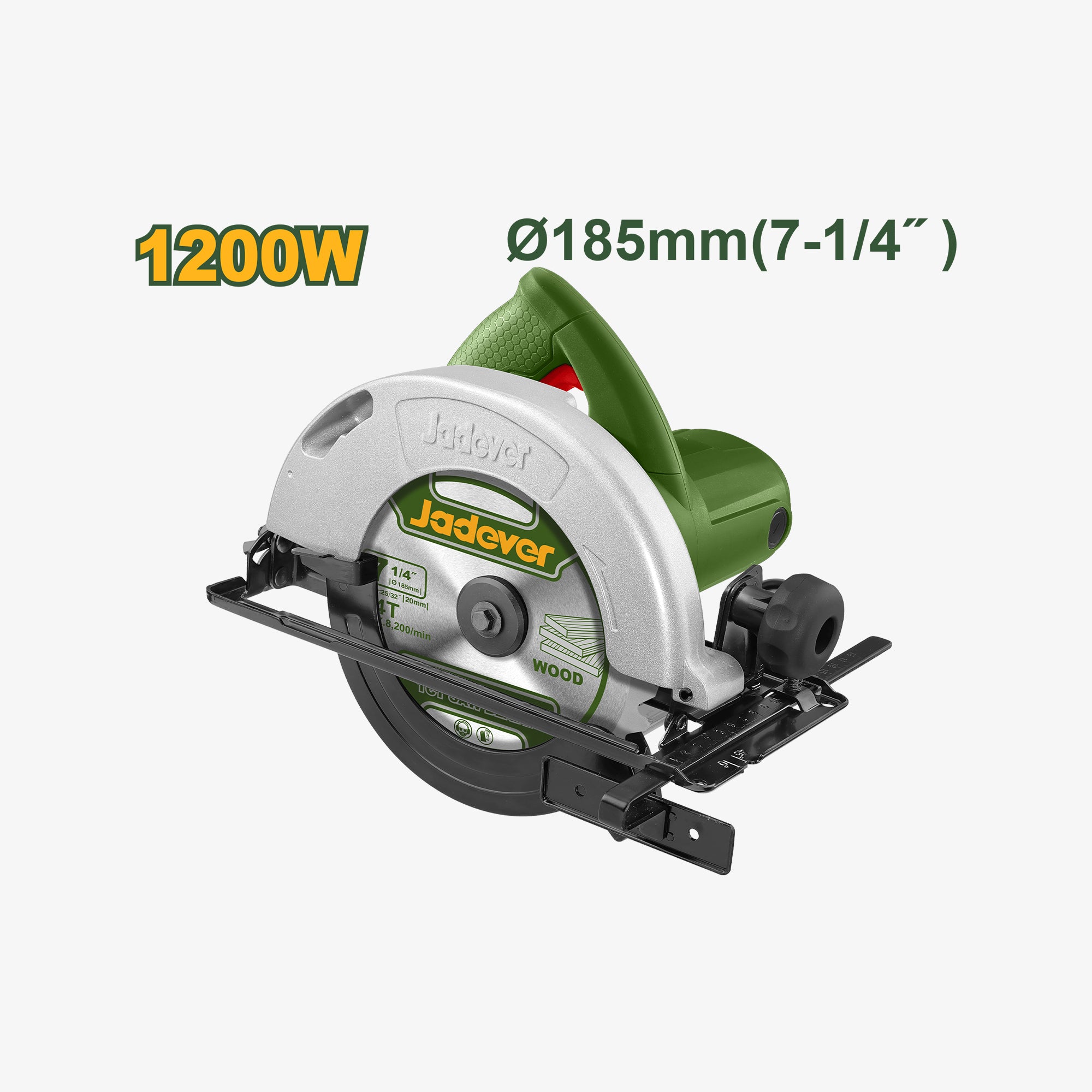 Circular saw with 1200W rating and 185mm diameter on a white background