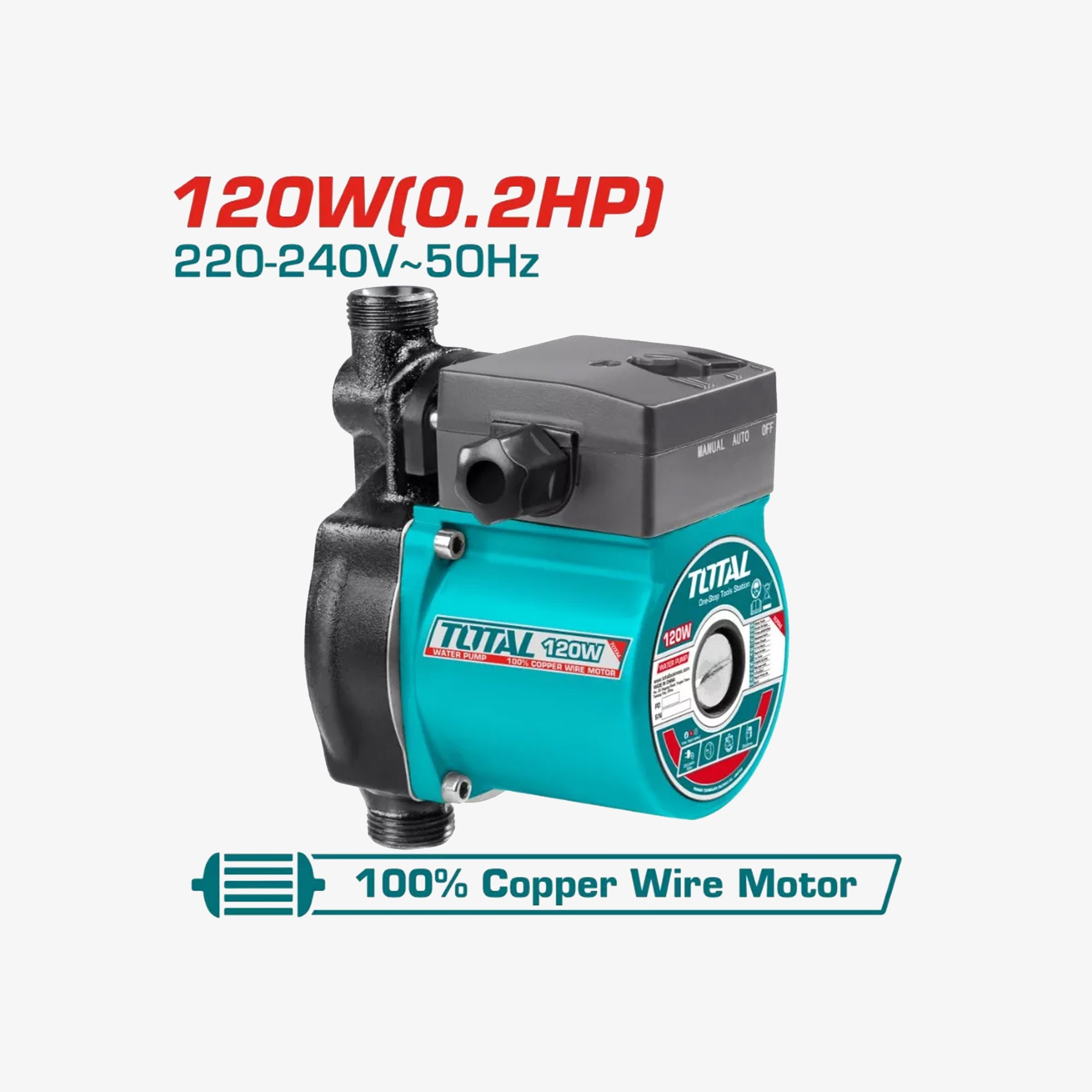 Turquoise and black pump with technical specifications on a white background