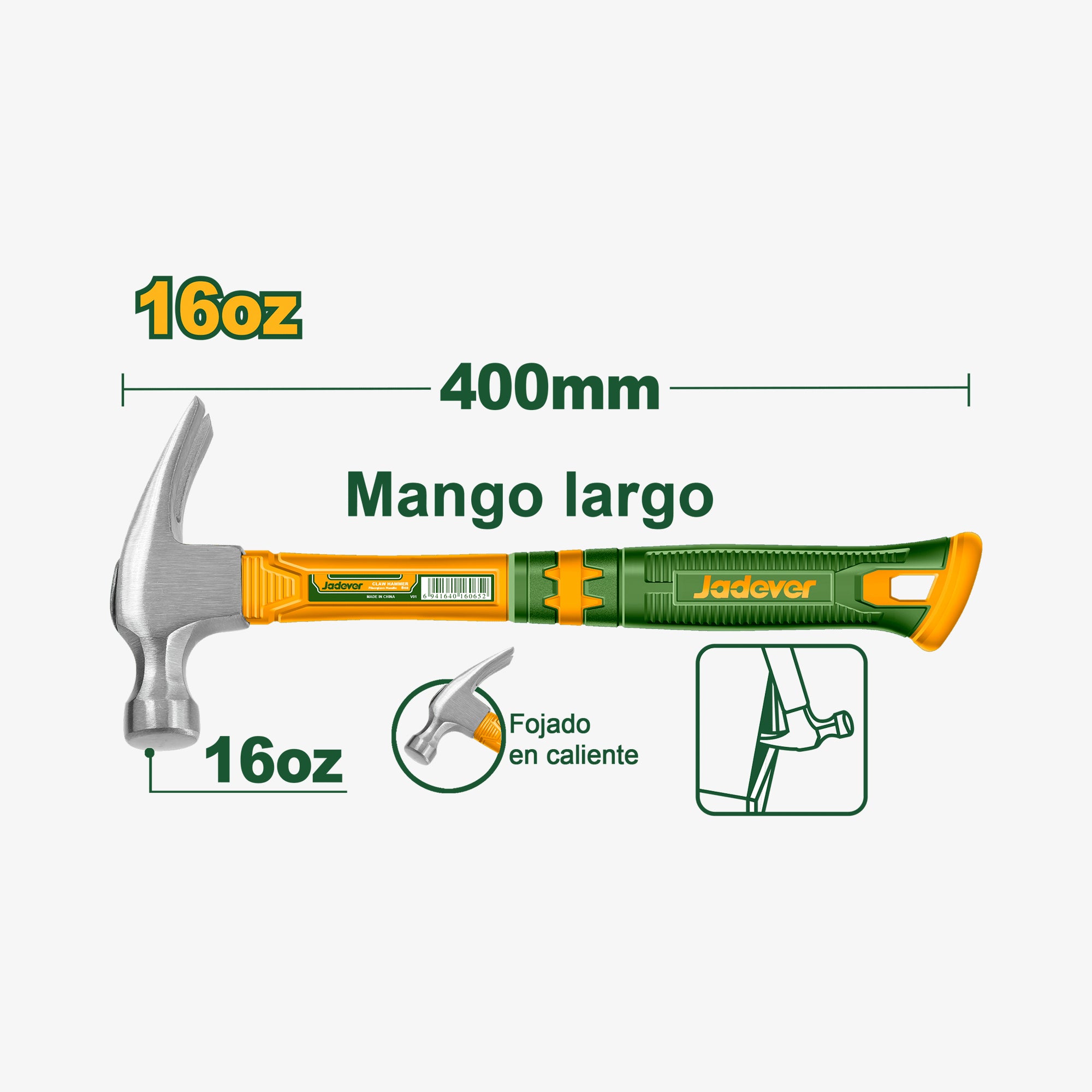 Hammer with measurements and brand name on a white background