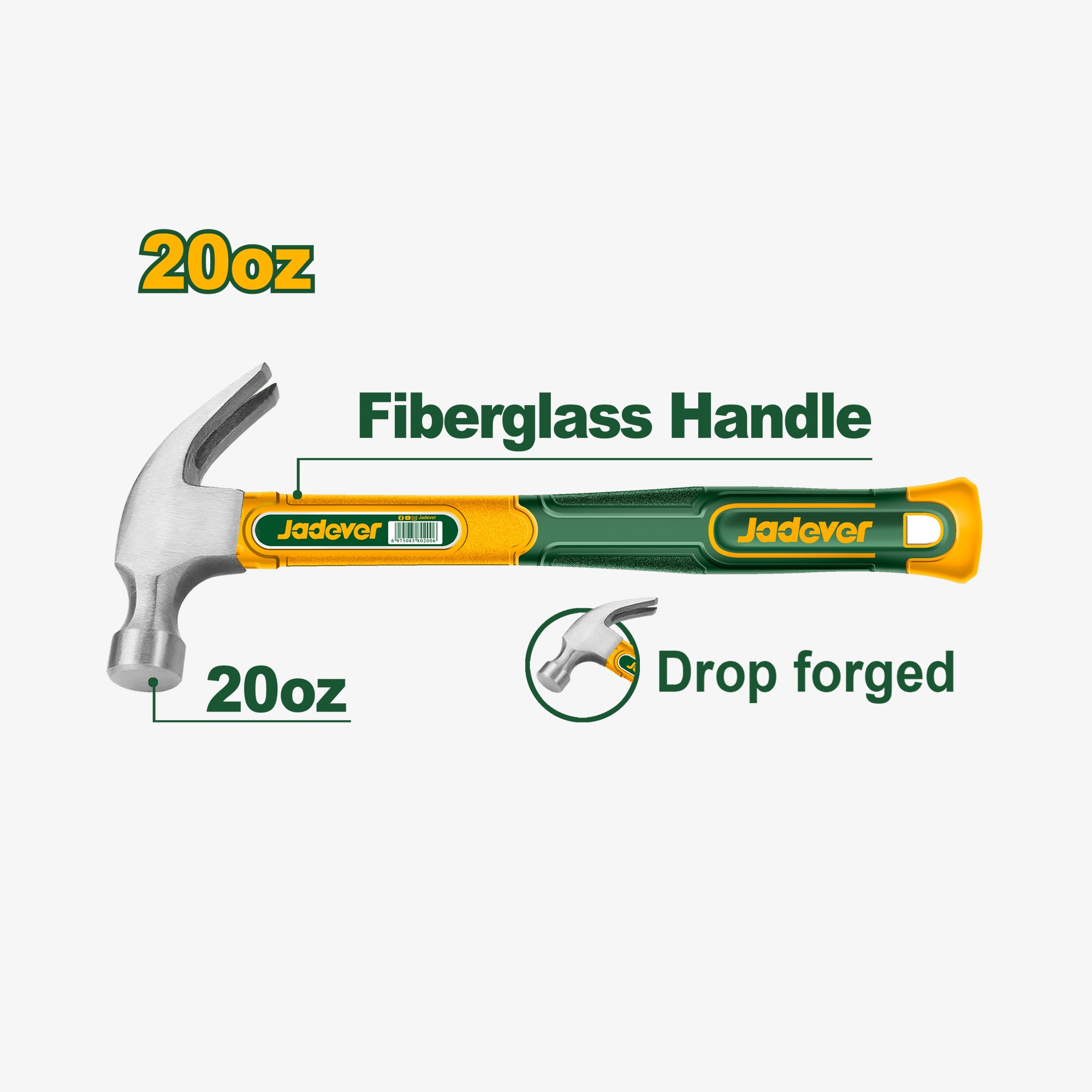 Hammer with fiberglass handle and 'Jadevor' branding on a white background