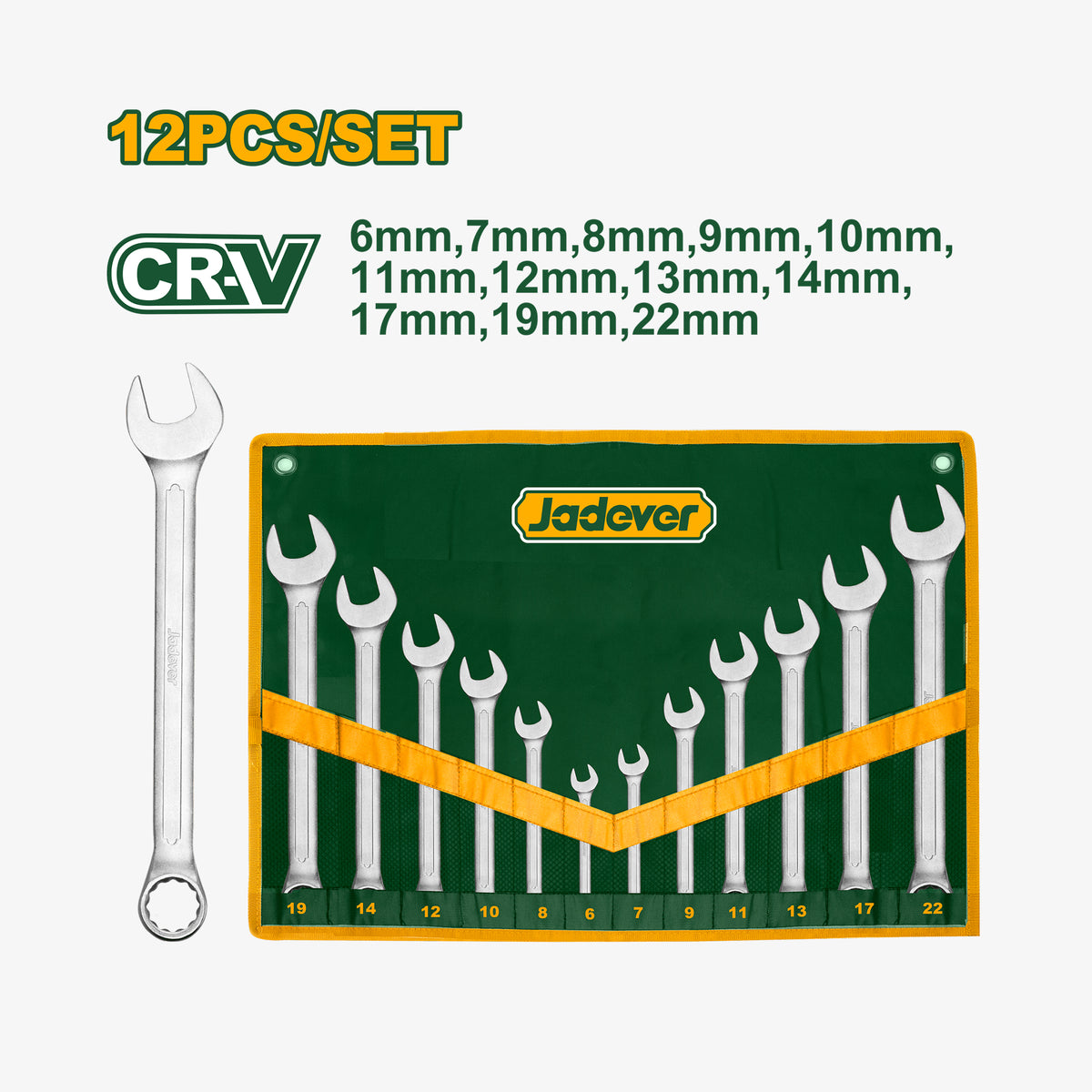 Set of 12 wrenches in a carrying case with Jadever branding on a white background.