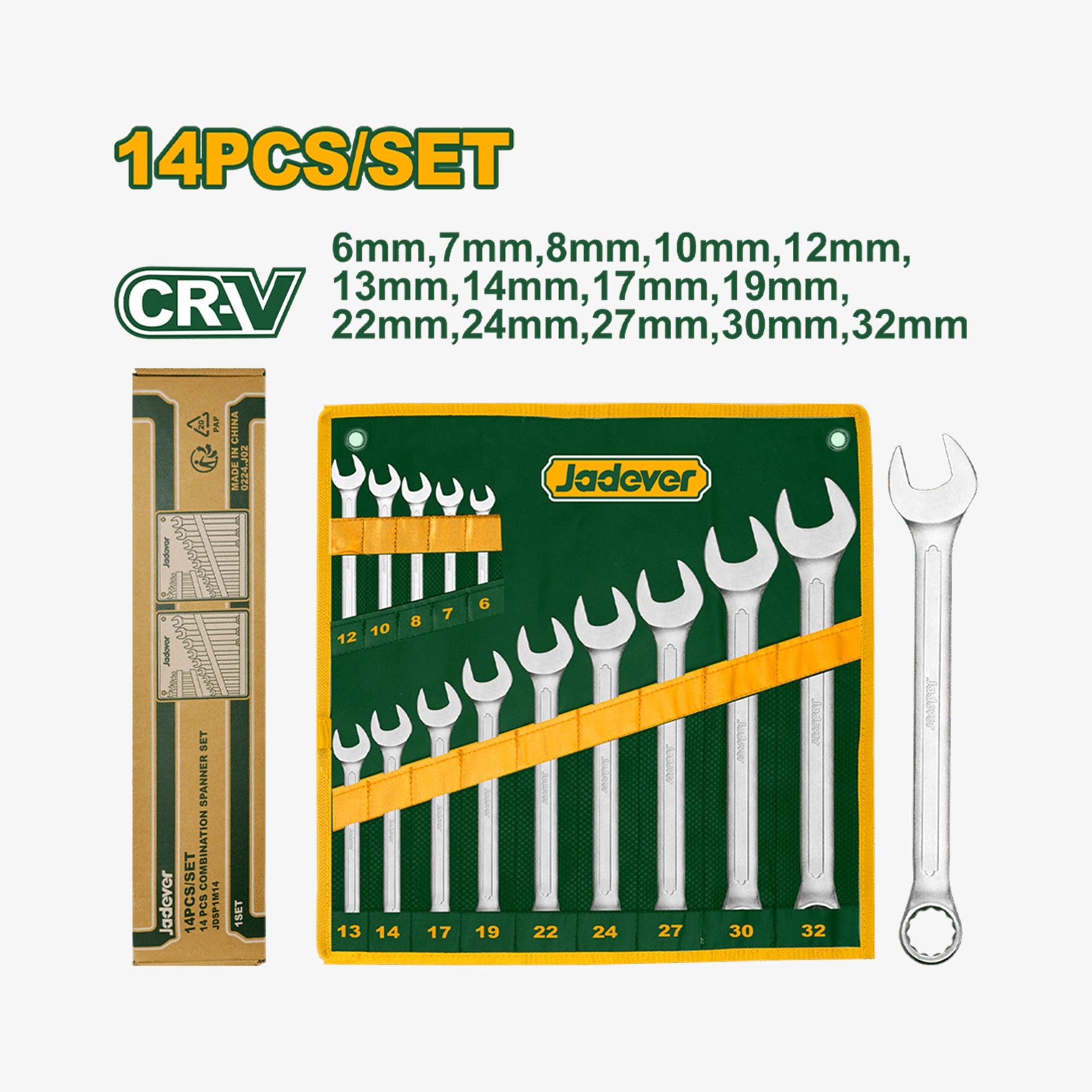 Set of wrenches with packaging and measurement details on a white background