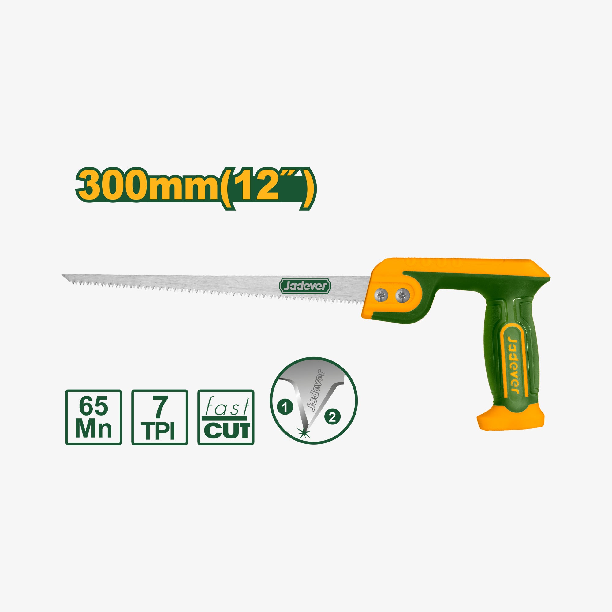 Hand saw with green and orange handle on a white background