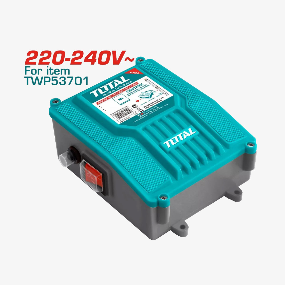 Turquoise electrical component with Total branding on a white background