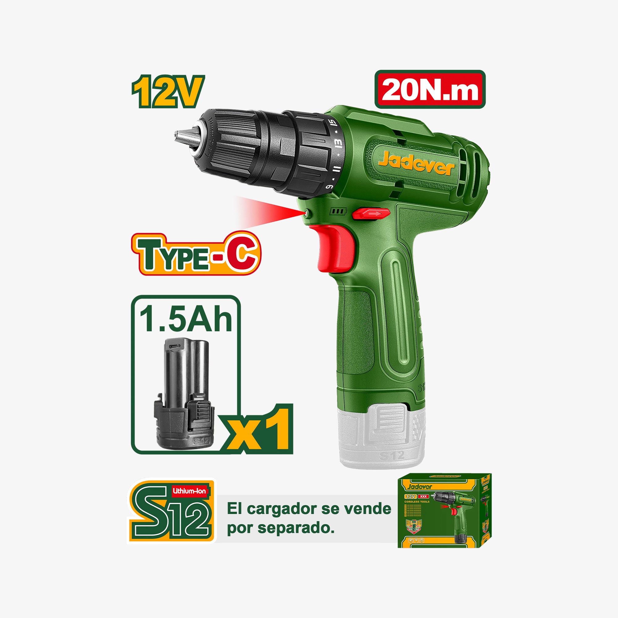 Green cordless drill with charging information on a white background